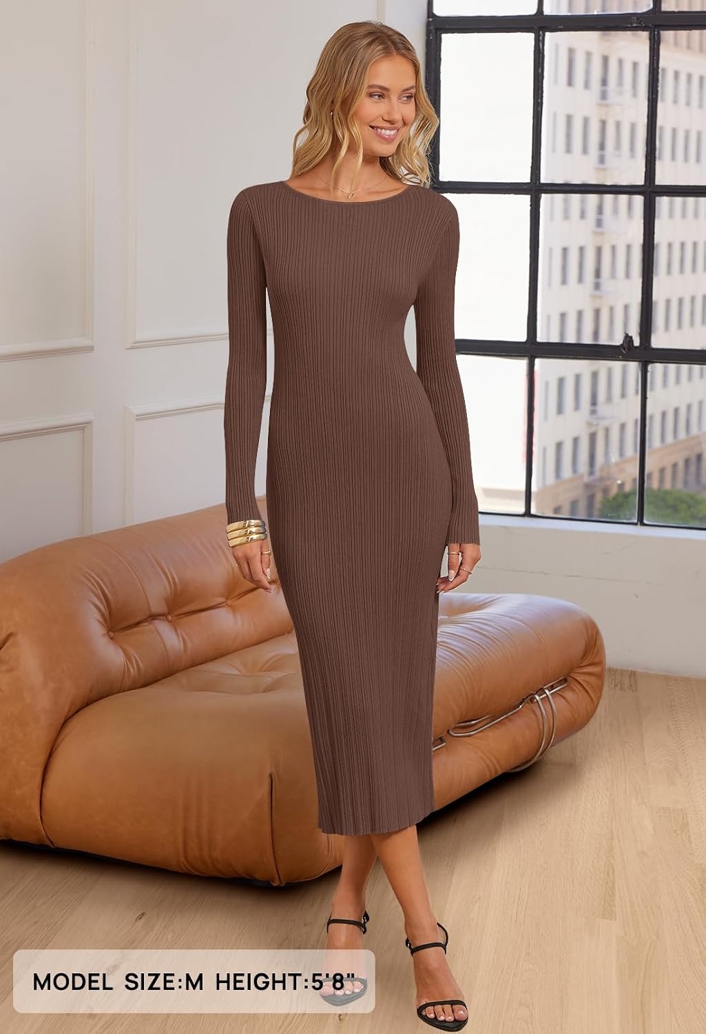 image:imageMEROKEETY Womens Fall Winter Long Sleeve Bodycon Maxi Sweater DressCoffee