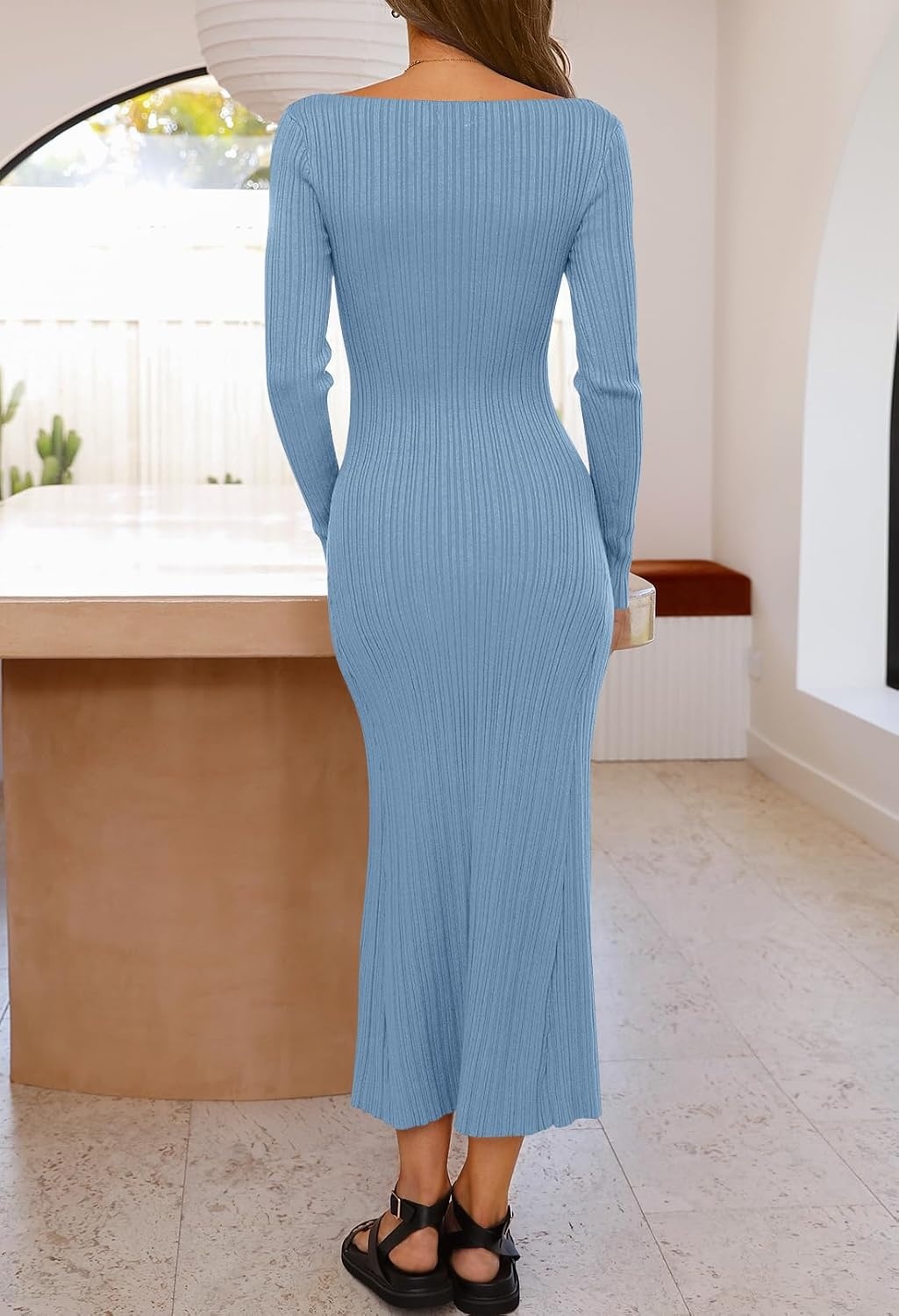 image:imageMEROKEETY Womens Fall Winter Long Sleeve Bodycon Maxi Sweater DressGray Blue