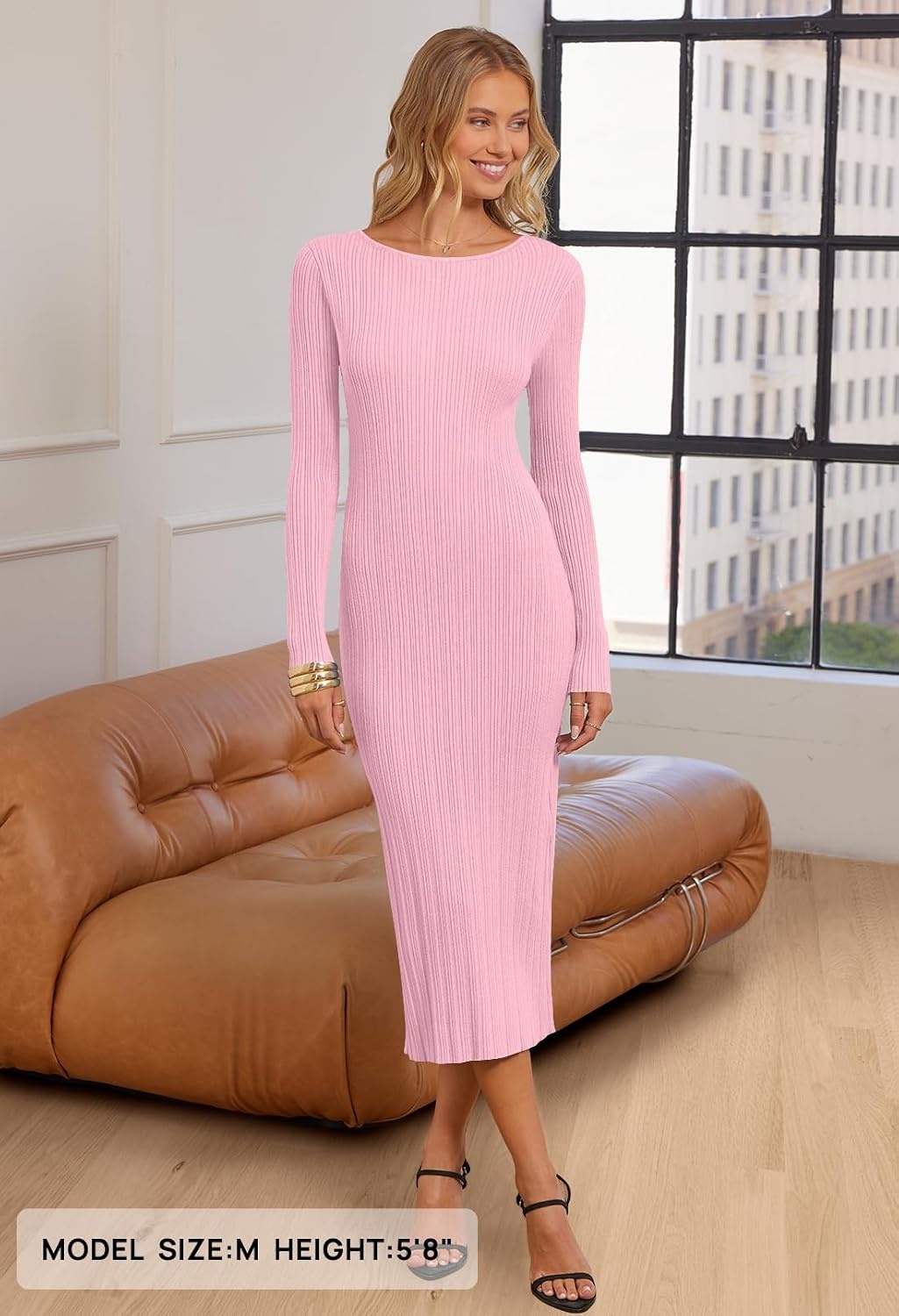 image:imageMEROKEETY Womens Fall Winter Long Sleeve Bodycon Maxi Sweater DressLight Pink