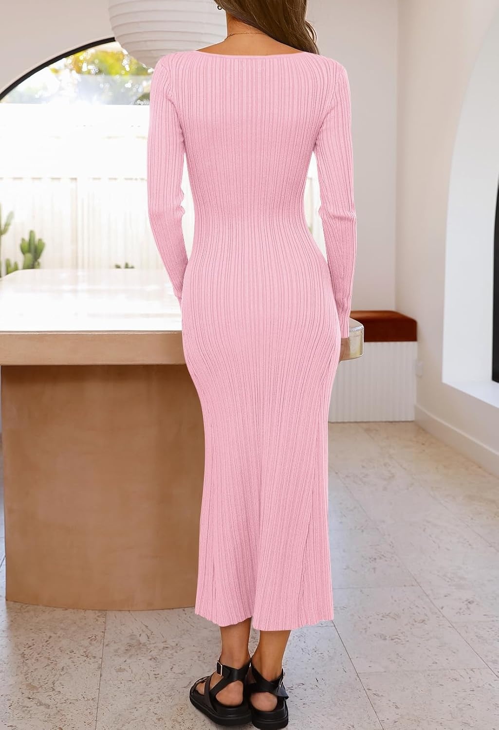 image:imageMEROKEETY Womens Fall Winter Long Sleeve Bodycon Maxi Sweater DressLight Pink