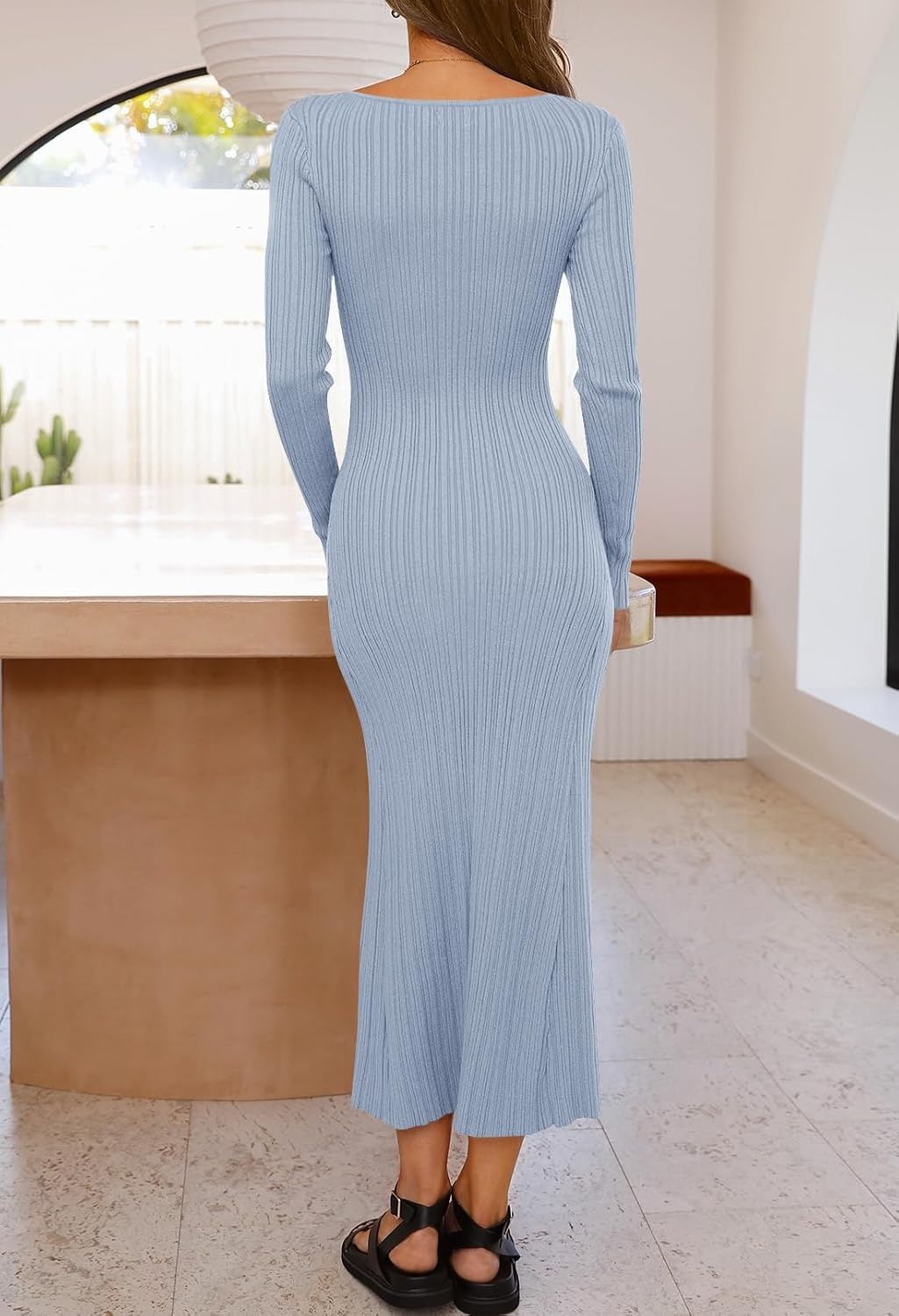 image:imageMEROKEETY Womens Fall Winter Long Sleeve Bodycon Maxi Sweater DressLightblue