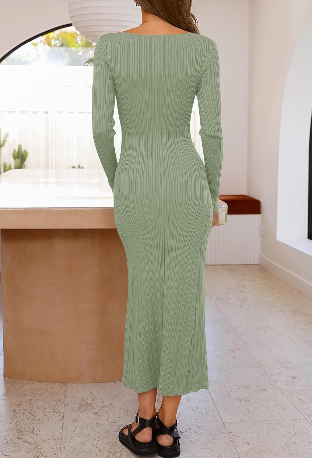 image:imageMEROKEETY Womens Fall Winter Long Sleeve Bodycon Maxi Sweater DressLightgreen