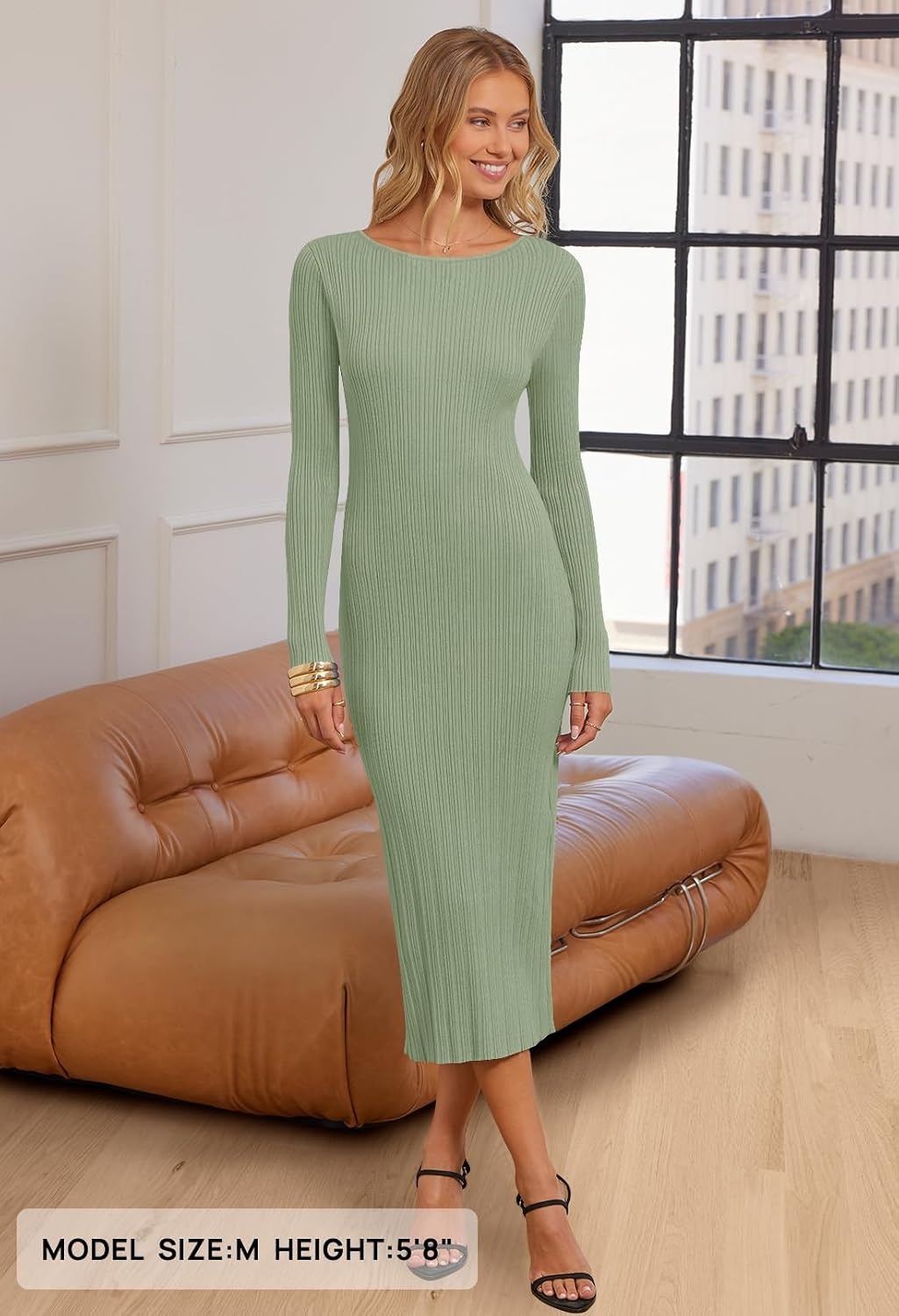 image:imageMEROKEETY Womens Fall Winter Long Sleeve Bodycon Maxi Sweater DressLightgreen