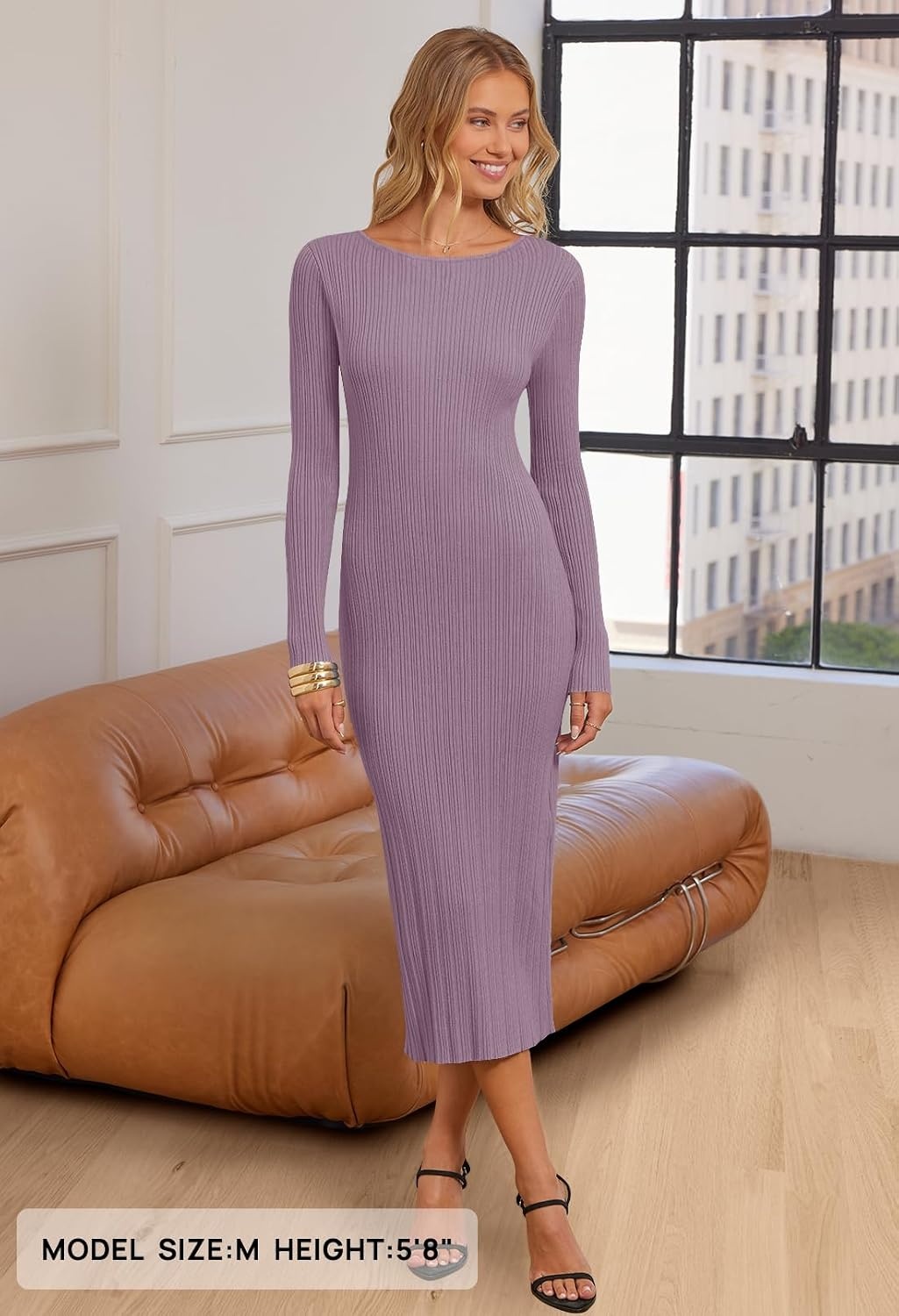 image:imageMEROKEETY Womens Fall Winter Long Sleeve Bodycon Maxi Sweater DressLightpurple