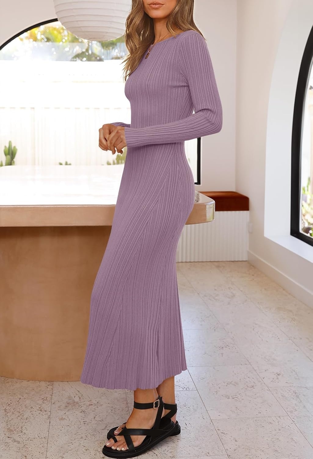 image:imageMEROKEETY Womens Fall Winter Long Sleeve Bodycon Maxi Sweater DressLightpurple