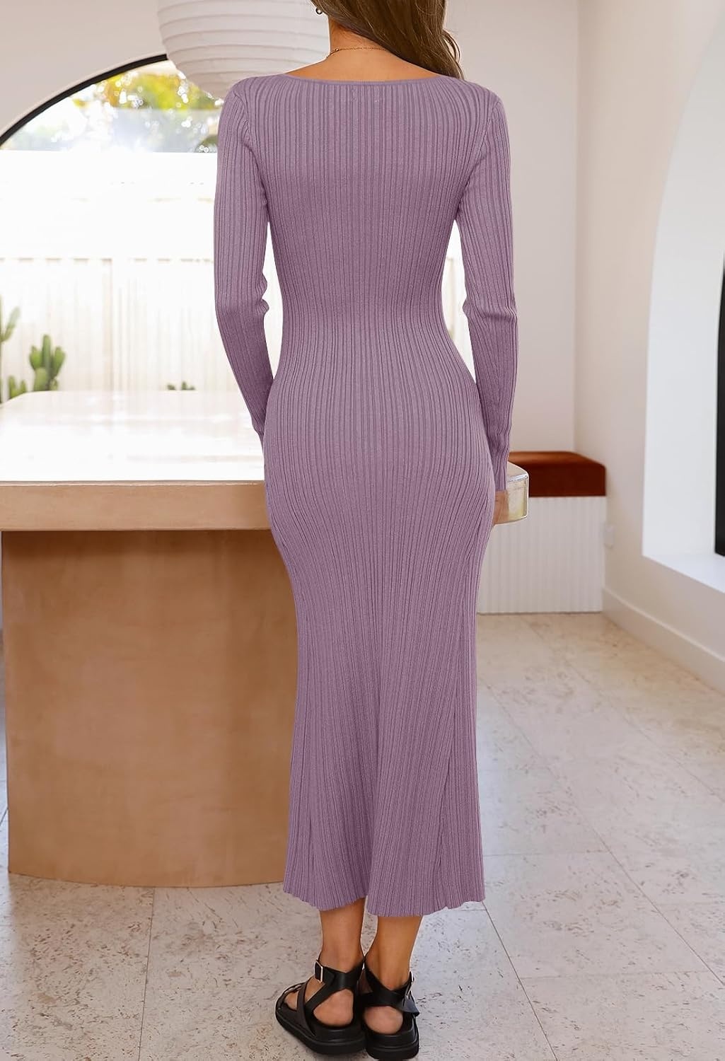 image:imageMEROKEETY Womens Fall Winter Long Sleeve Bodycon Maxi Sweater DressLightpurple