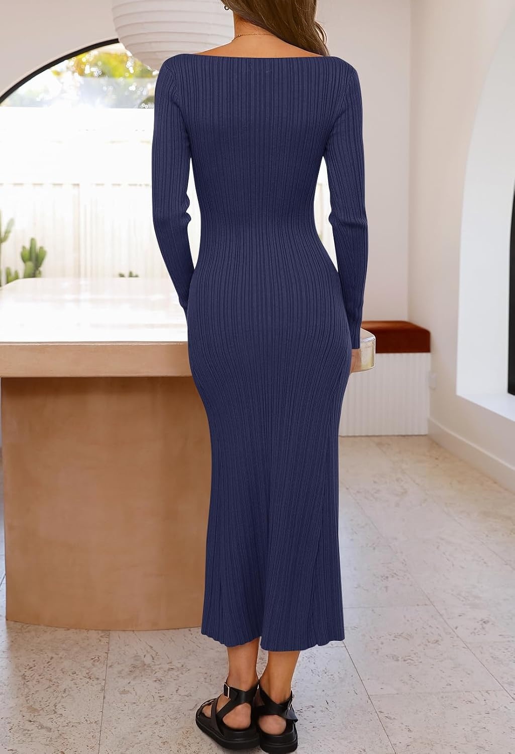 image:imageMEROKEETY Womens Fall Winter Long Sleeve Bodycon Maxi Sweater DressNavy