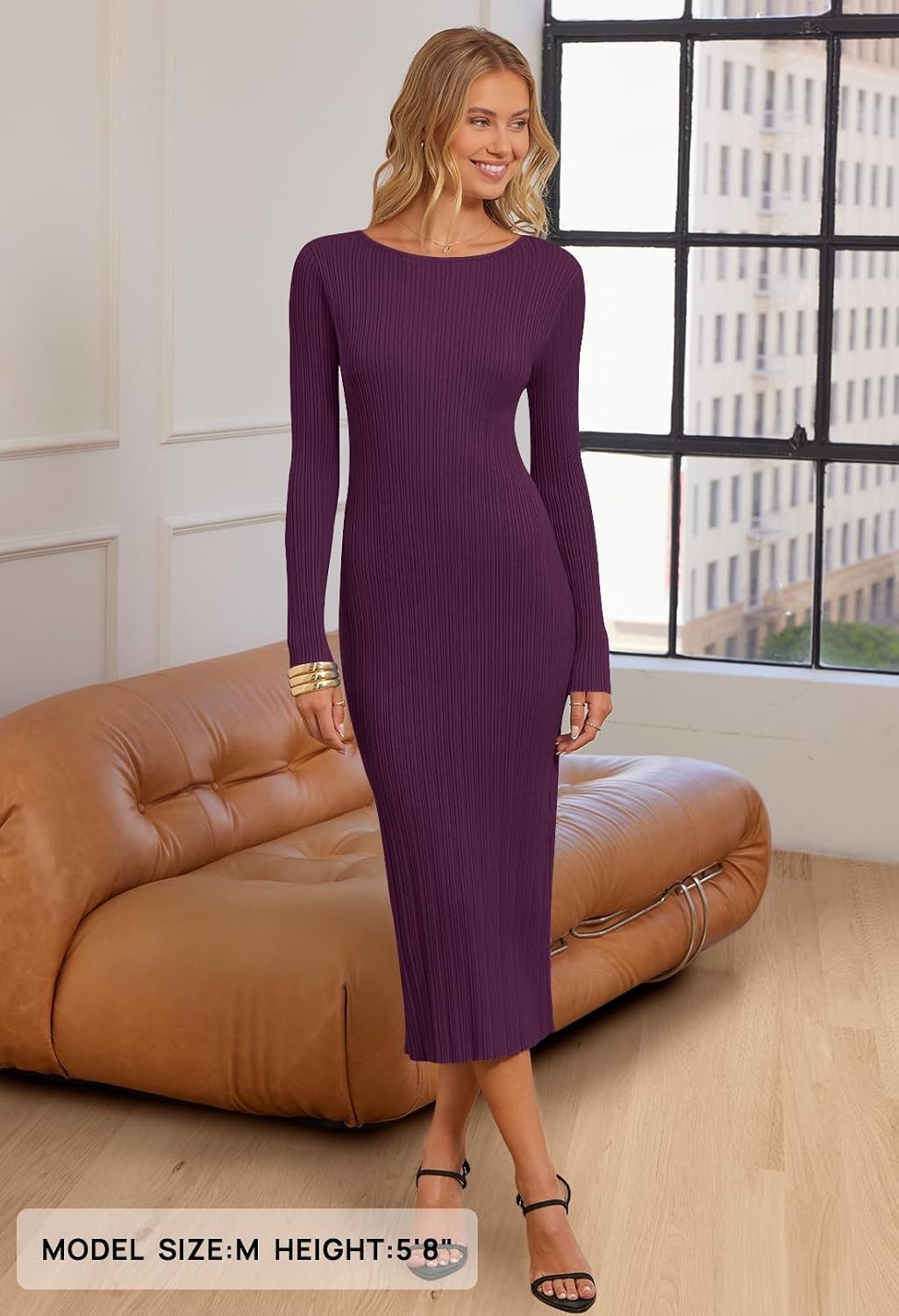 image:imageMEROKEETY Womens Fall Winter Long Sleeve Bodycon Maxi Sweater DressPlum