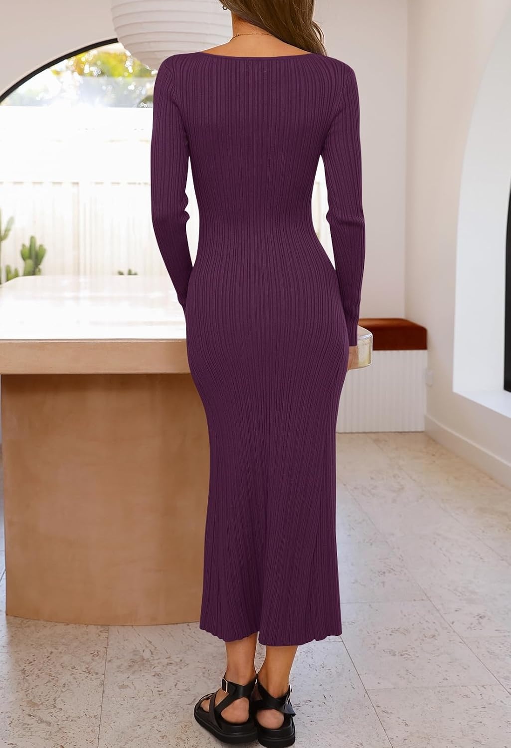 image:imageMEROKEETY Womens Fall Winter Long Sleeve Bodycon Maxi Sweater DressPlum