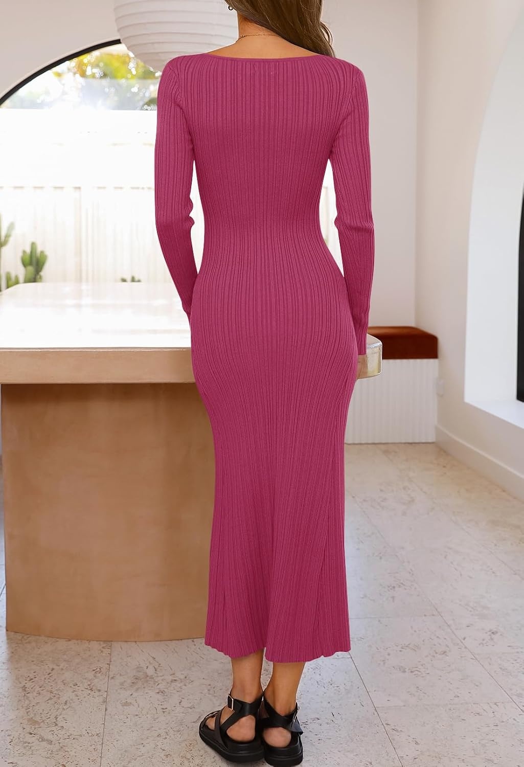 image:imageMEROKEETY Womens Fall Winter Long Sleeve Bodycon Maxi Sweater DressRose