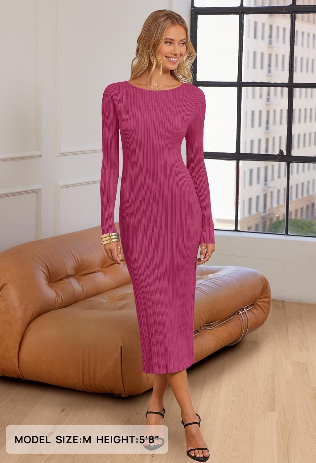 image:imageMEROKEETY Womens Fall Winter Long Sleeve Bodycon Maxi Sweater DressRose