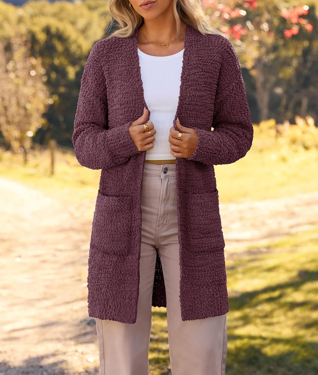image:imageMEROKEETY Womens Fuzzy Chunky Oversized Cardigan Sweaters 2026 Fall OutfitsMaroon