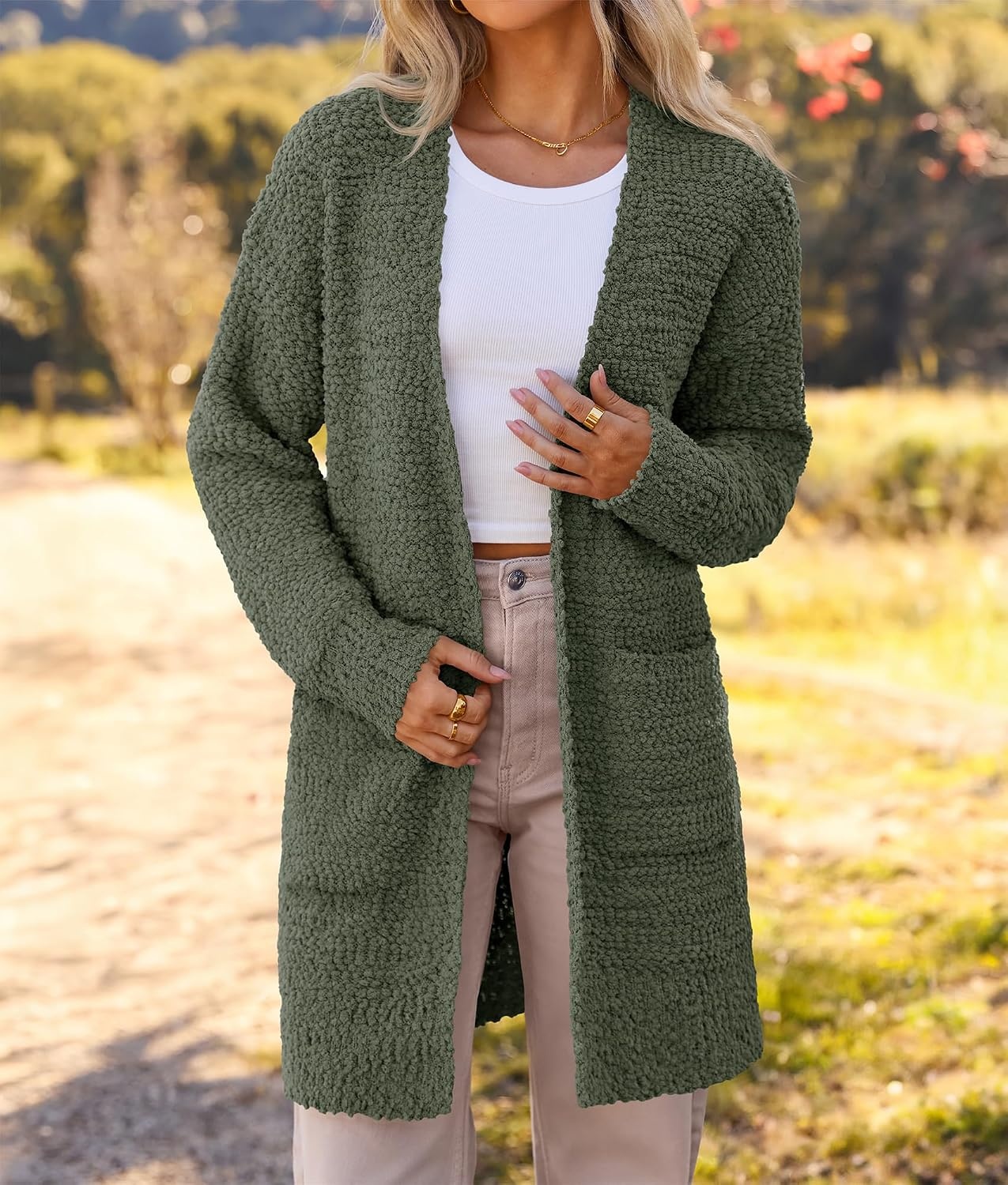 image:imageMEROKEETY Womens Fuzzy Chunky Oversized Cardigan Sweaters 2026 Fall OutfitsOlive