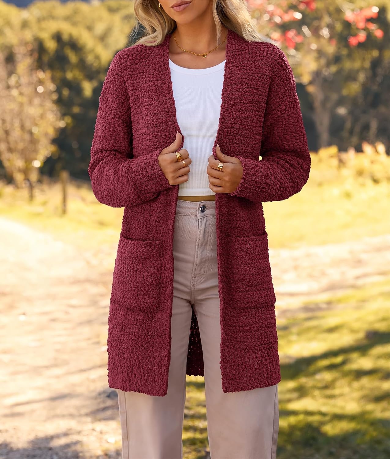 image:imageMEROKEETY Womens Fuzzy Chunky Oversized Cardigan Sweaters 2026 Fall OutfitsWine