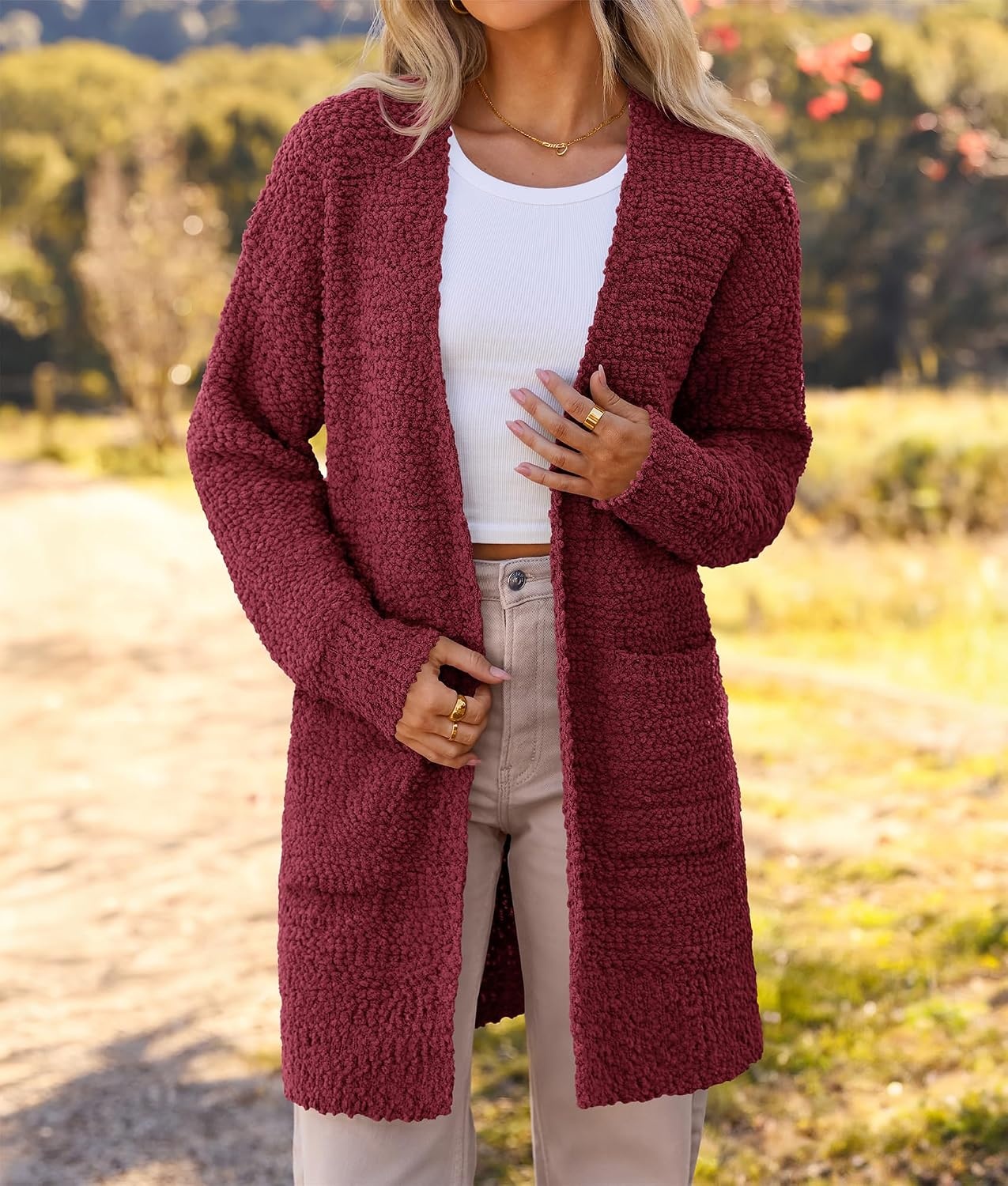 image:imageMEROKEETY Womens Fuzzy Chunky Oversized Cardigan Sweaters 2026 Fall OutfitsWine