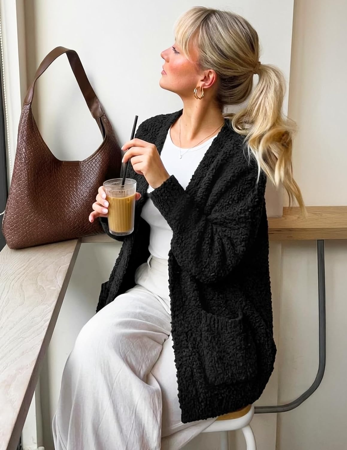 image:imageMEROKEETY Womens Fuzzy Popcorn Oversized Sherpa Chenille Cardigan SweatersBlack