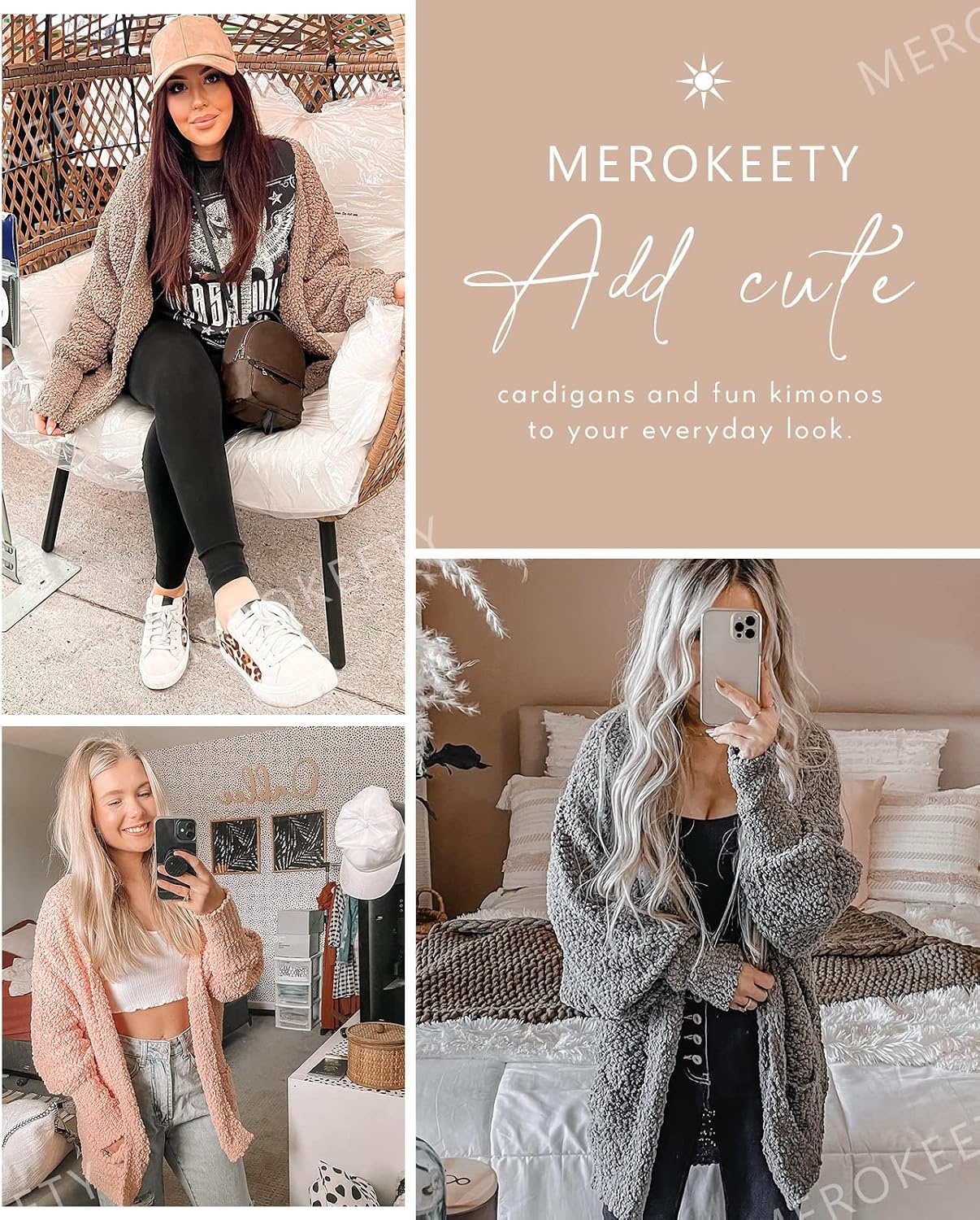 image:imageMEROKEETY Womens Fuzzy Popcorn Oversized Sherpa Chenille Cardigan SweatersBlack