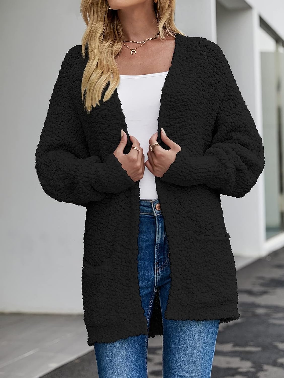 image:imageMEROKEETY Womens Fuzzy Popcorn Oversized Sherpa Chenille Cardigan SweatersBlack