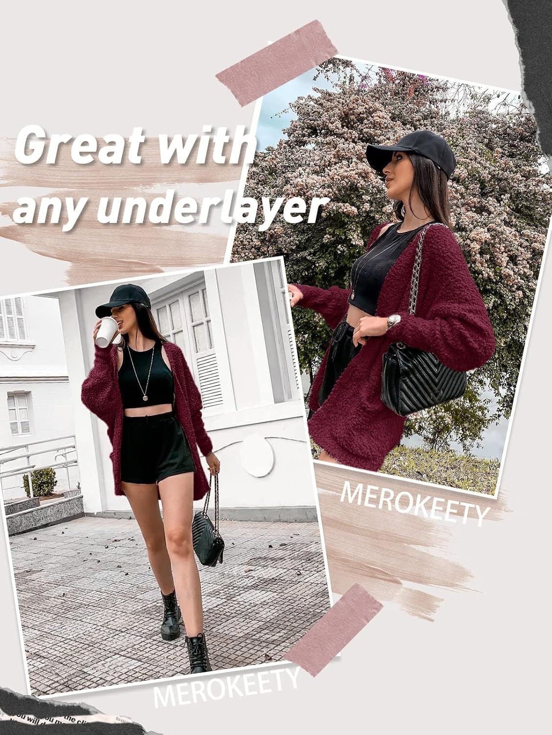 image:imageMEROKEETY Womens Fuzzy Popcorn Oversized Sherpa Chenille Cardigan SweatersBurgundy