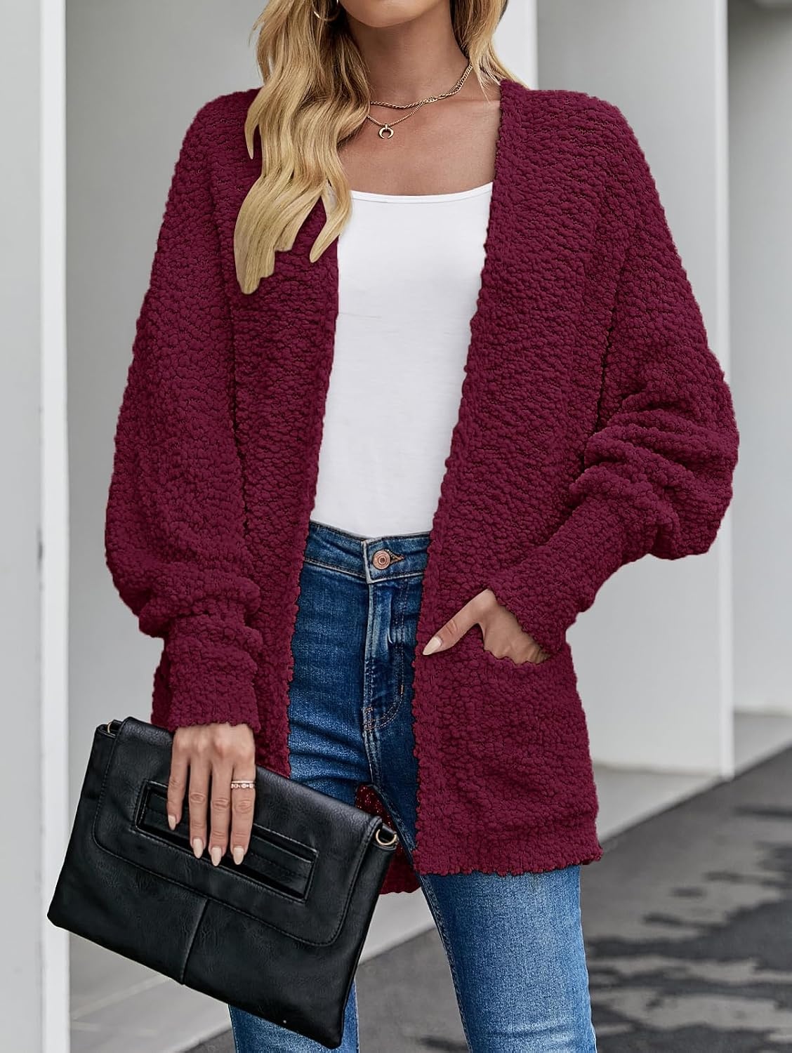 image:imageMEROKEETY Womens Fuzzy Popcorn Oversized Sherpa Chenille Cardigan SweatersBurgundy