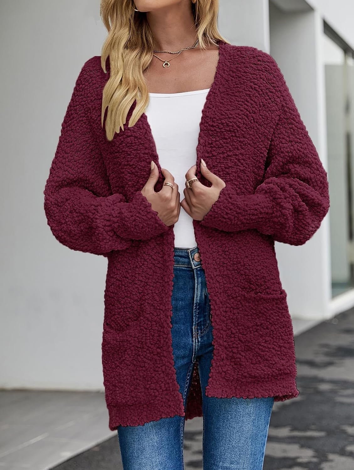 image:imageMEROKEETY Womens Fuzzy Popcorn Oversized Sherpa Chenille Cardigan SweatersBurgundy