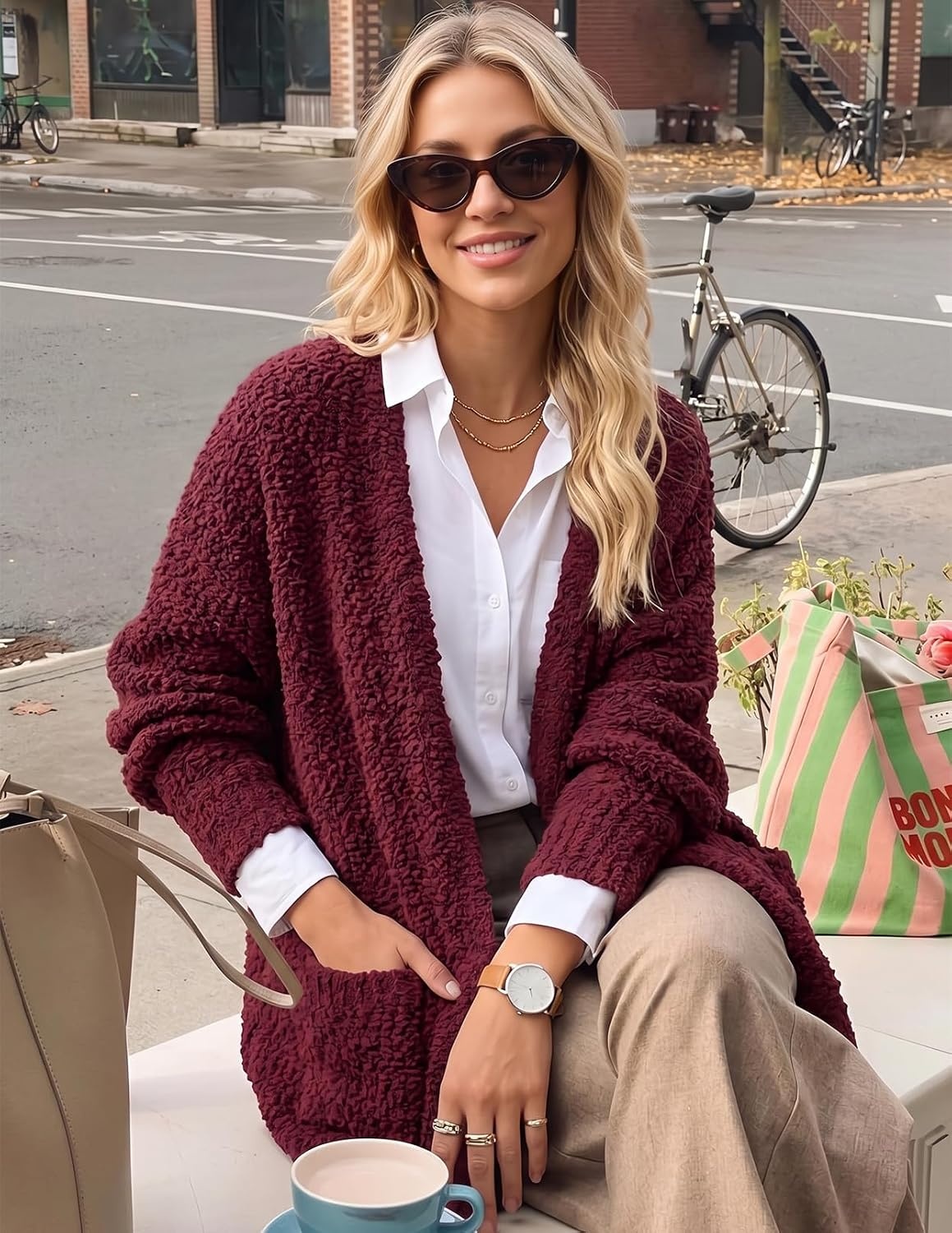 image:imageMEROKEETY Womens Fuzzy Popcorn Oversized Sherpa Chenille Cardigan SweatersBurgundy