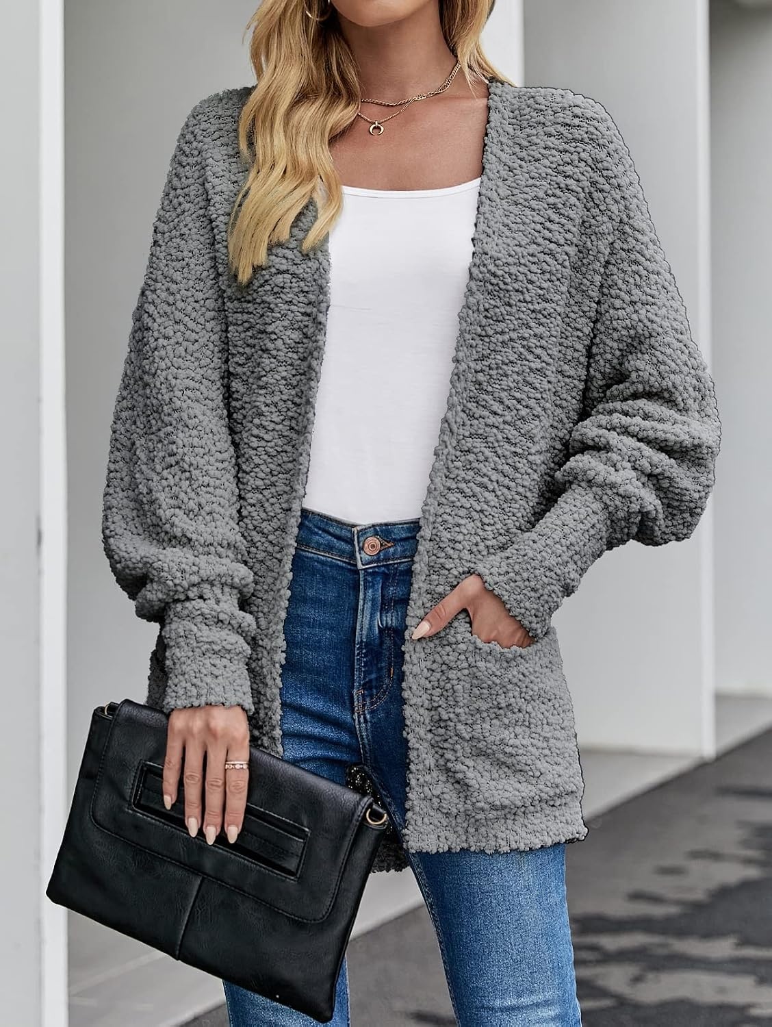 image:imageMEROKEETY Womens Fuzzy Popcorn Oversized Sherpa Chenille Cardigan SweatersGrey