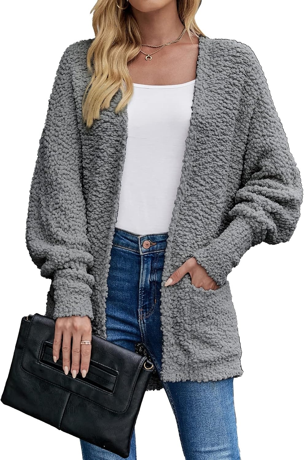 image:imageMEROKEETY Womens Fuzzy Popcorn Oversized Sherpa Chenille Cardigan SweatersGrey