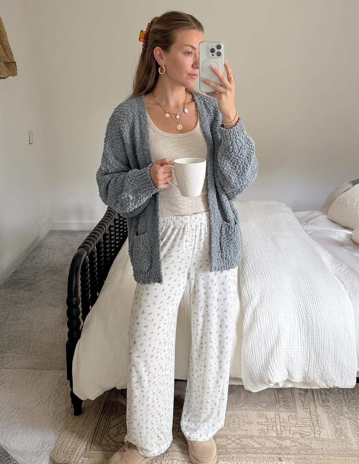 image:imageMEROKEETY Womens Fuzzy Popcorn Oversized Sherpa Chenille Cardigan SweatersGrey