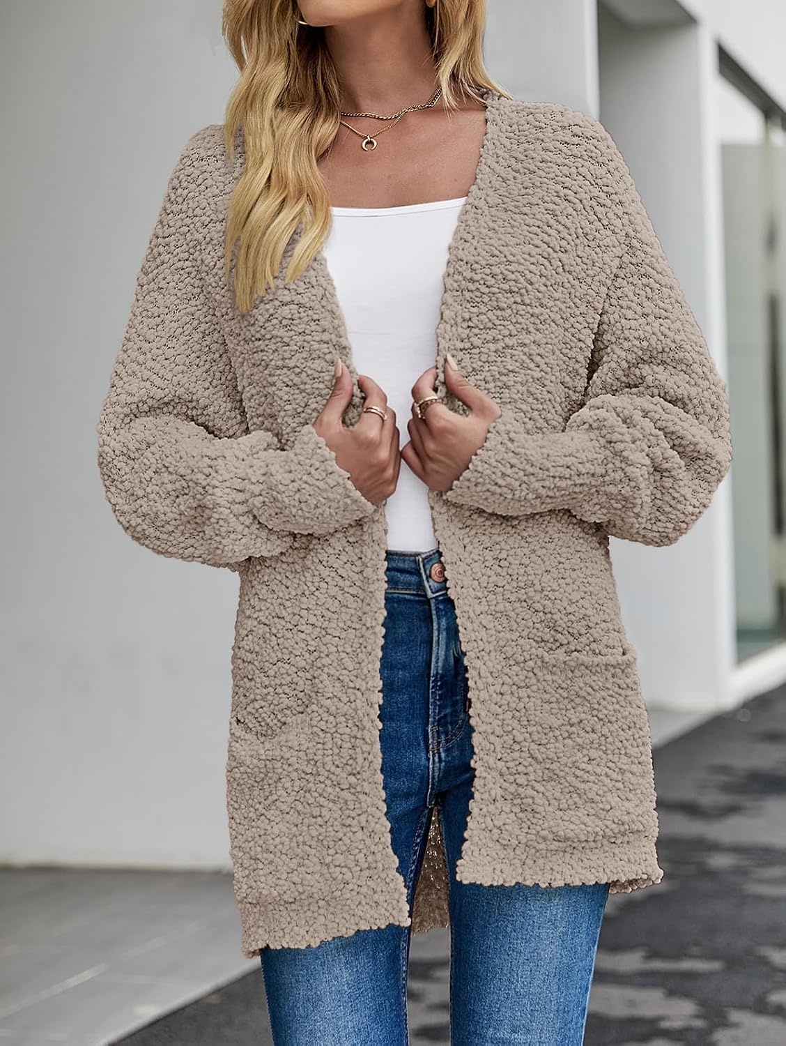 image:imageMEROKEETY Womens Fuzzy Popcorn Oversized Sherpa Chenille Cardigan SweatersKhaki
