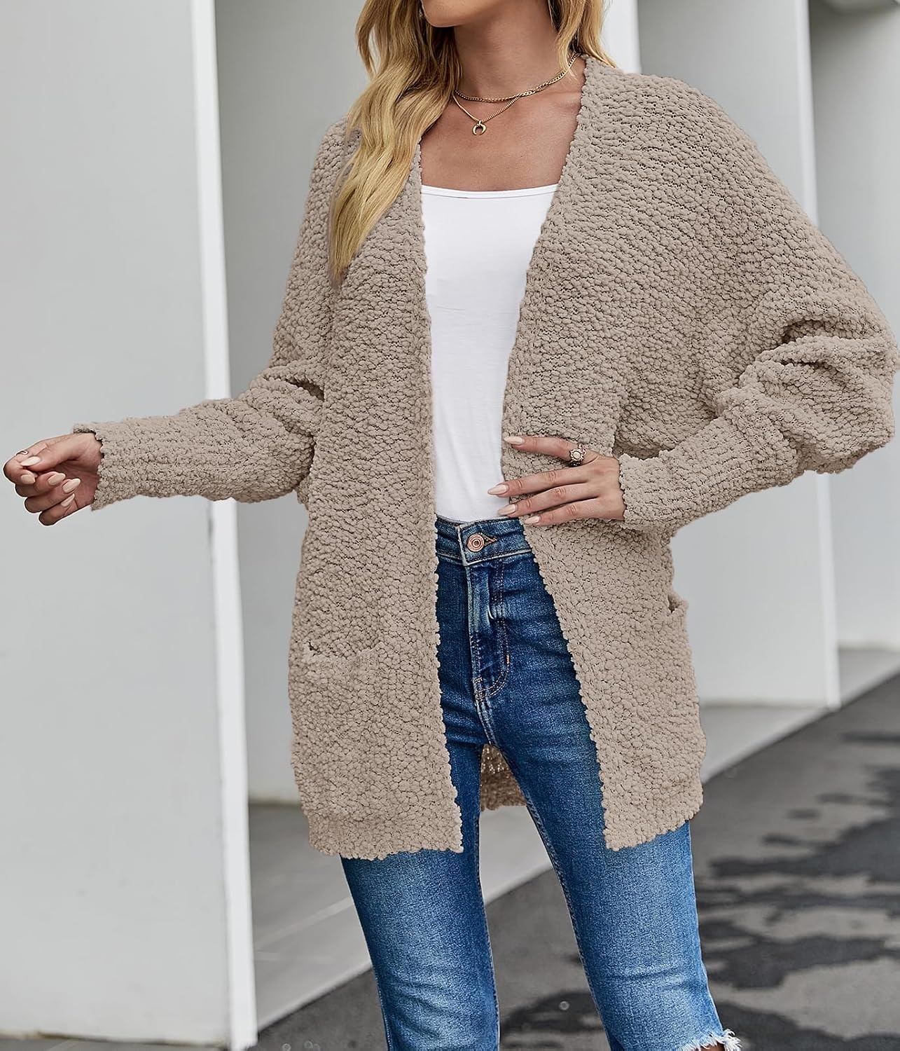 image:imageMEROKEETY Womens Fuzzy Popcorn Oversized Sherpa Chenille Cardigan SweatersKhaki