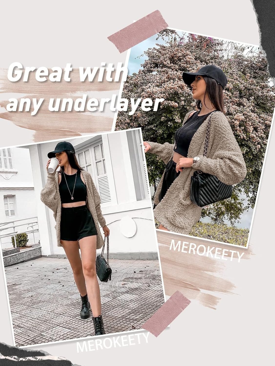 image:imageMEROKEETY Womens Fuzzy Popcorn Oversized Sherpa Chenille Cardigan SweatersKhaki