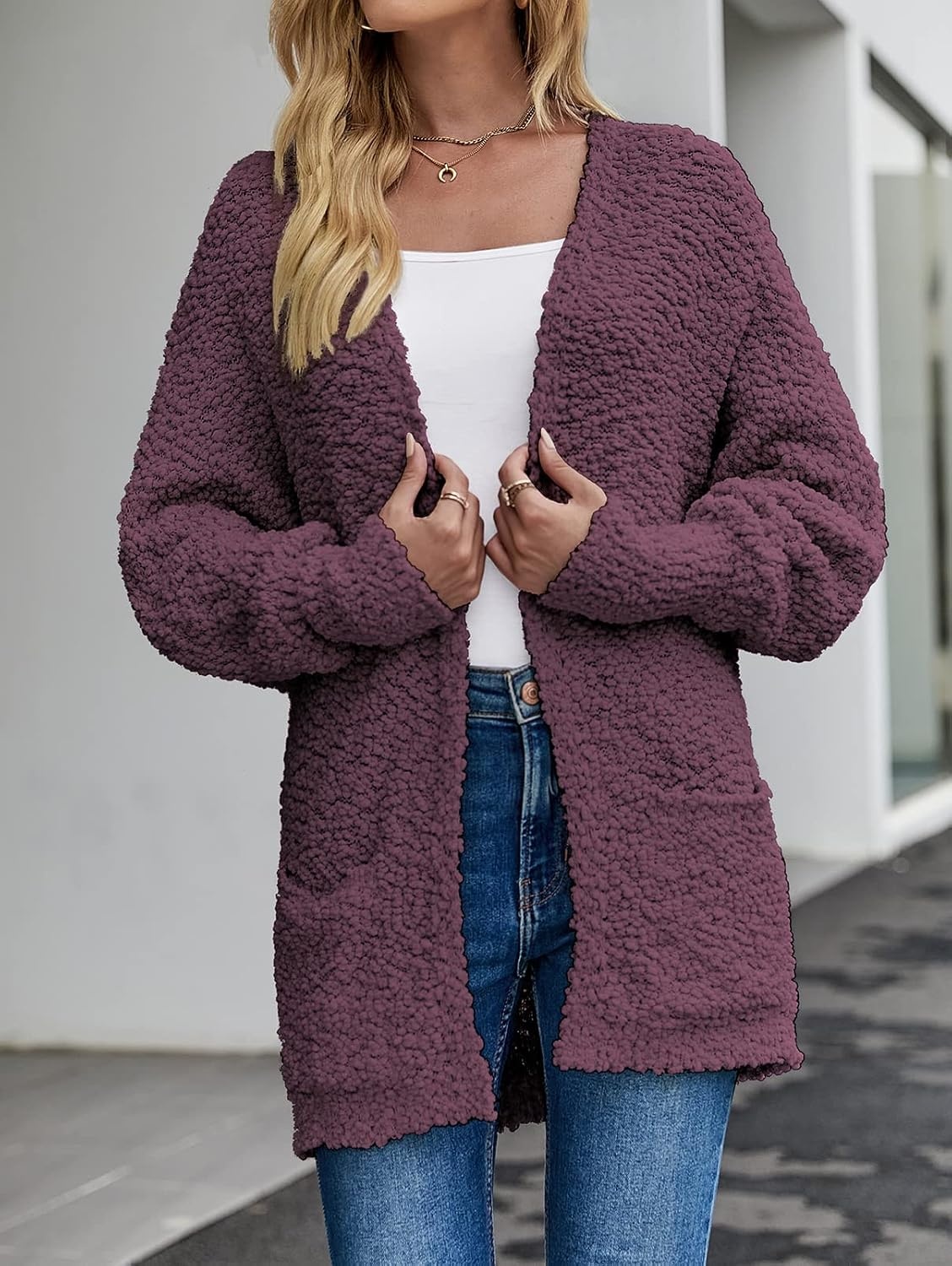 image:imageMEROKEETY Womens Fuzzy Popcorn Oversized Sherpa Chenille Cardigan SweatersMaroon
