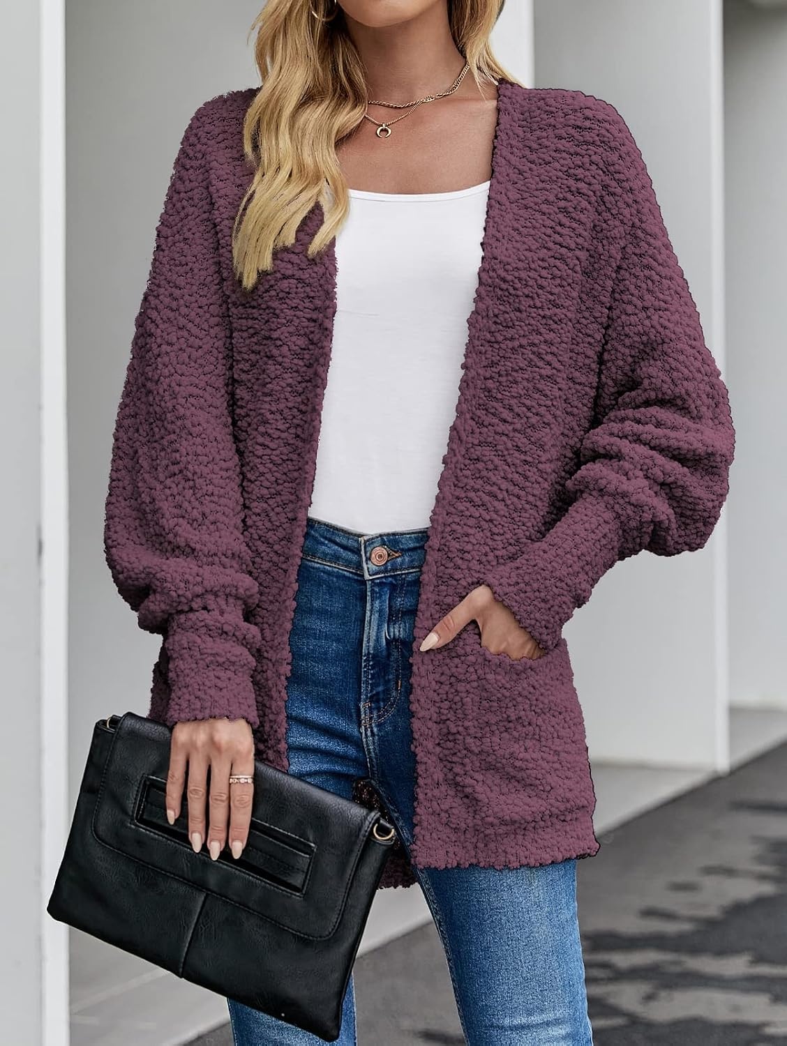 image:imageMEROKEETY Womens Fuzzy Popcorn Oversized Sherpa Chenille Cardigan SweatersMaroon