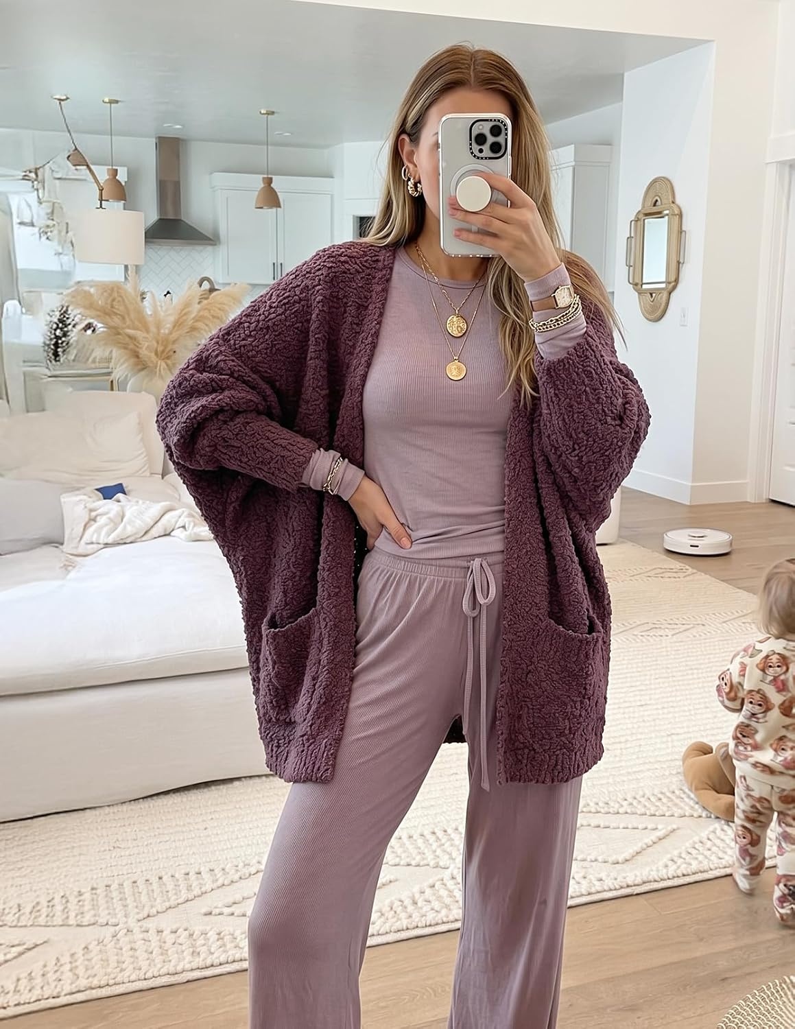 image:imageMEROKEETY Womens Fuzzy Popcorn Oversized Sherpa Chenille Cardigan SweatersMaroon