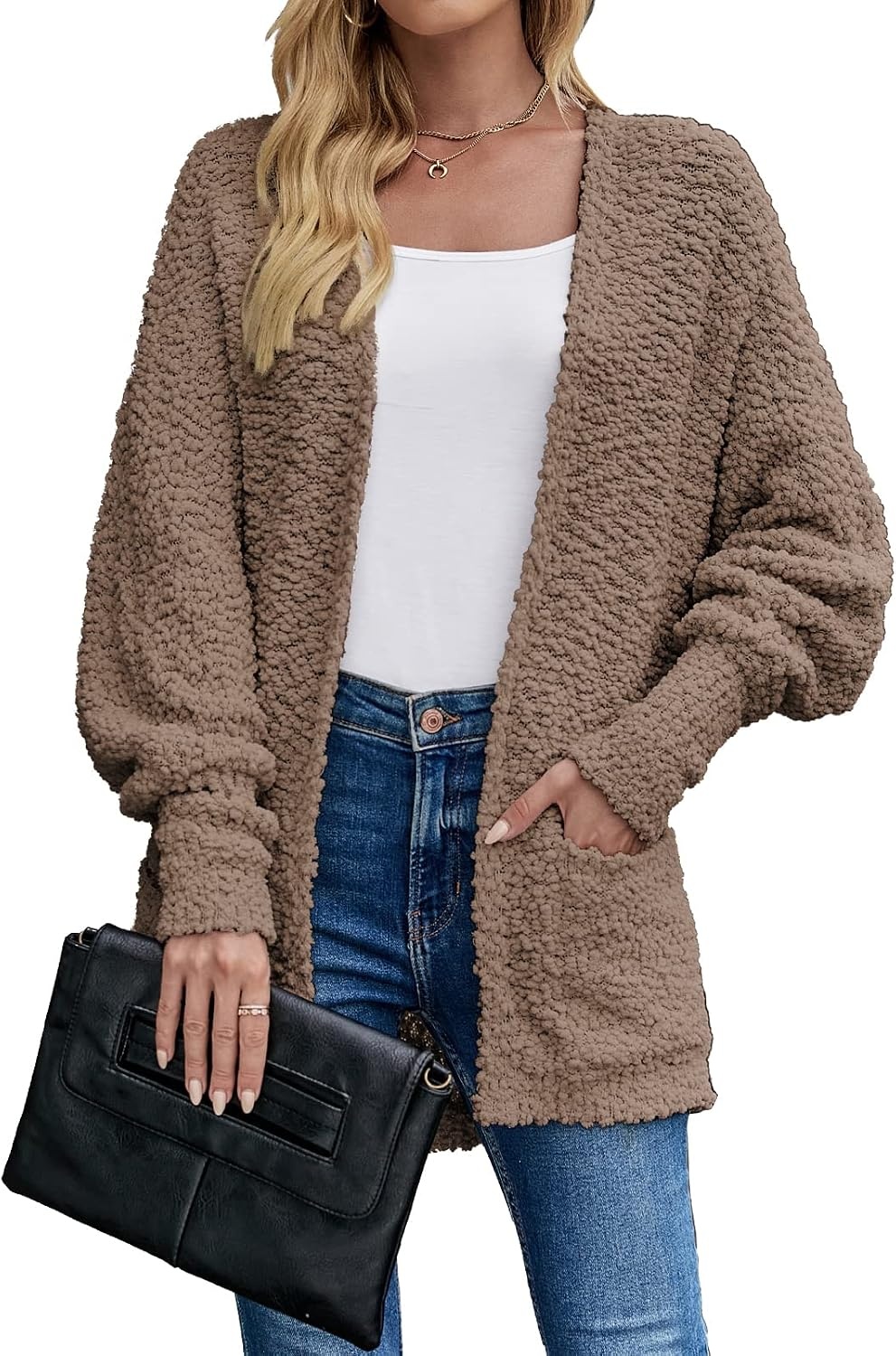 image:imageMEROKEETY Womens Fuzzy Popcorn Oversized Sherpa Chenille Cardigan SweatersMocha