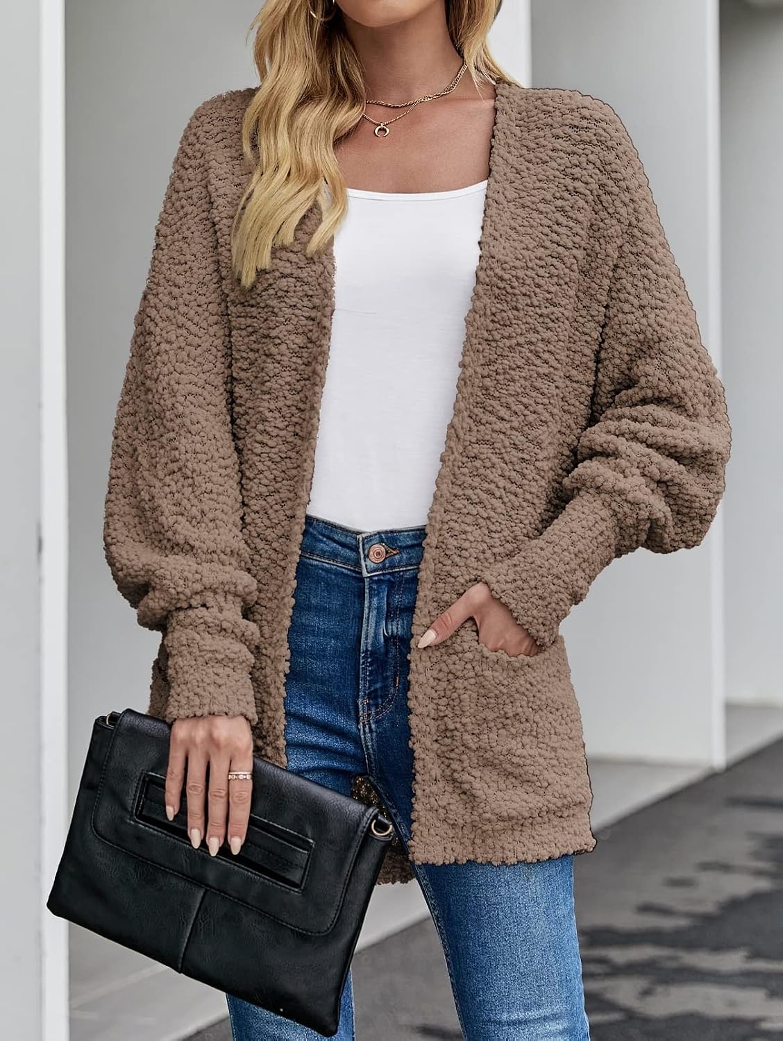 image:imageMEROKEETY Womens Fuzzy Popcorn Oversized Sherpa Chenille Cardigan SweatersMocha