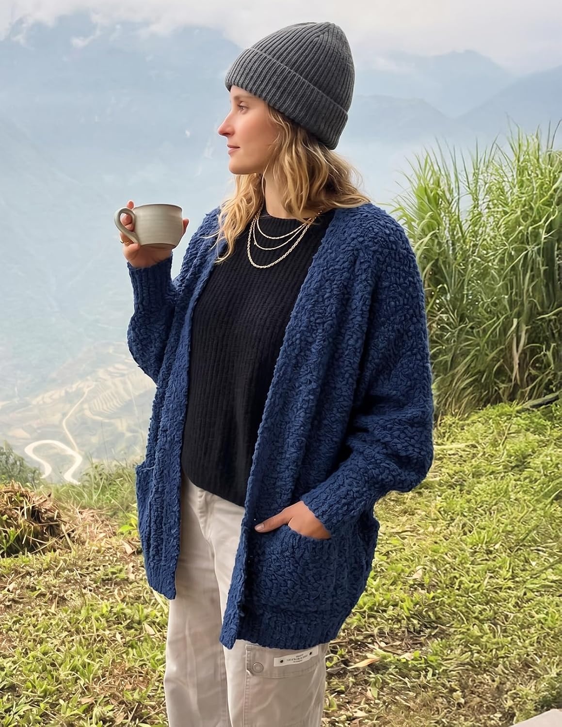 image:imageMEROKEETY Womens Fuzzy Popcorn Oversized Sherpa Chenille Cardigan SweatersNavy