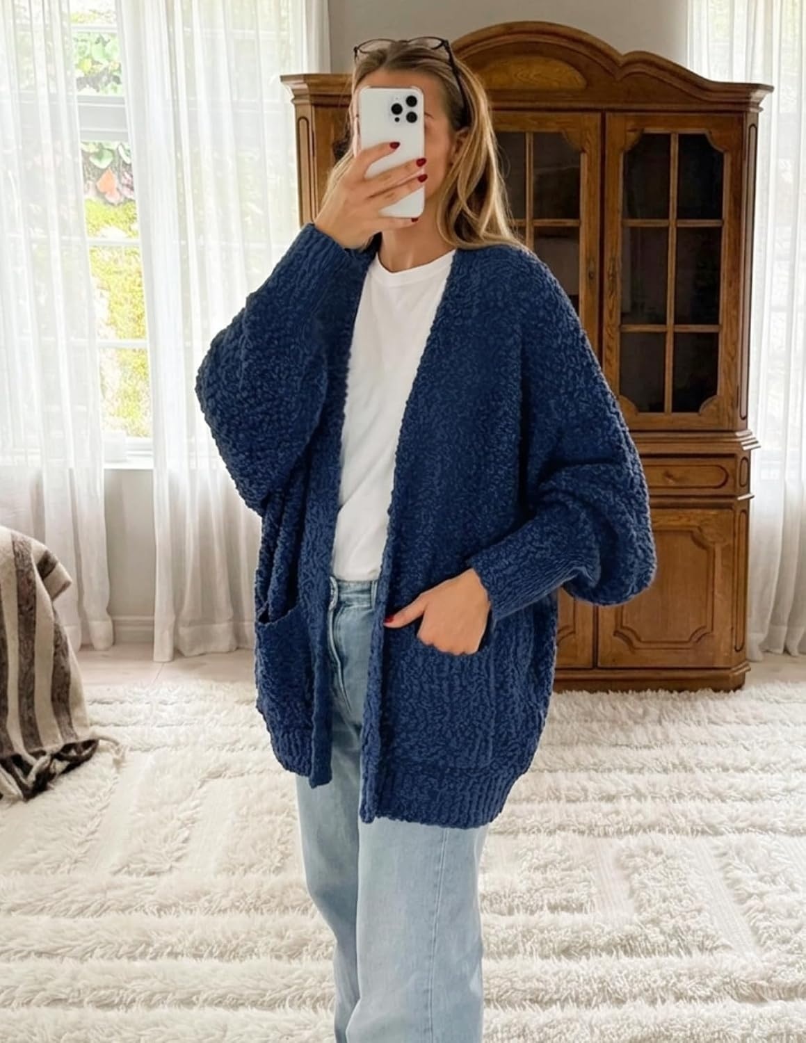 image:imageMEROKEETY Womens Fuzzy Popcorn Oversized Sherpa Chenille Cardigan SweatersNavy
