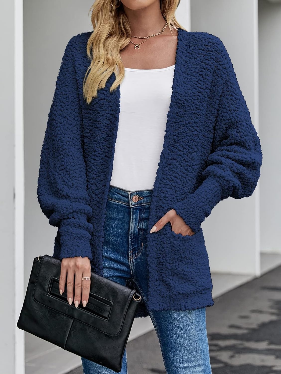image:imageMEROKEETY Womens Fuzzy Popcorn Oversized Sherpa Chenille Cardigan SweatersNavy