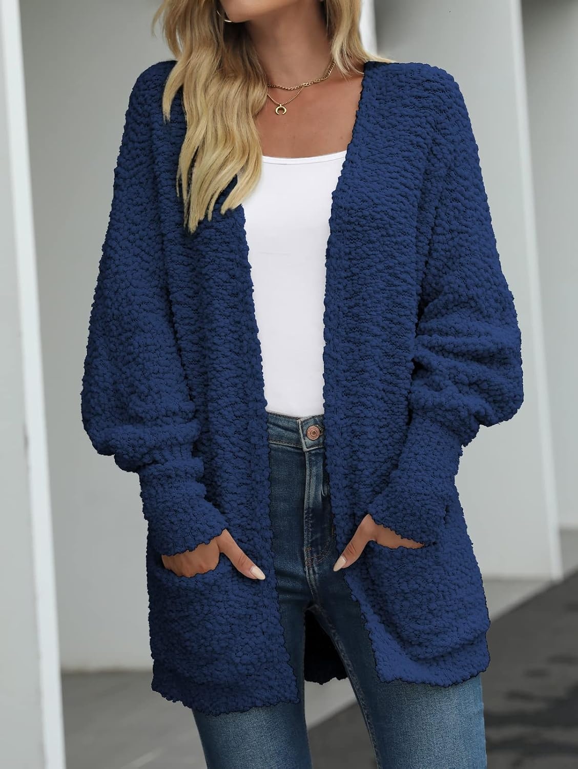 image:imageMEROKEETY Womens Fuzzy Popcorn Oversized Sherpa Chenille Cardigan SweatersNavy