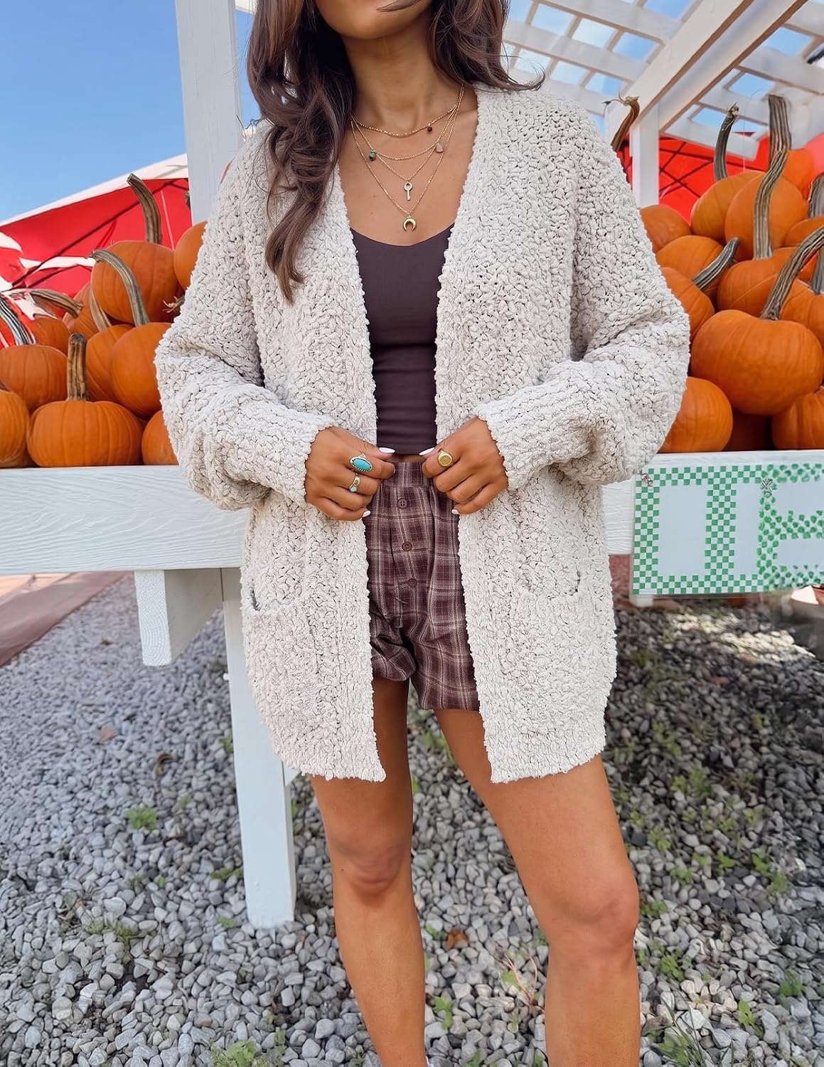 image:imageMEROKEETY Womens Fuzzy Popcorn Oversized Sherpa Chenille Cardigan SweatersOffwhite
