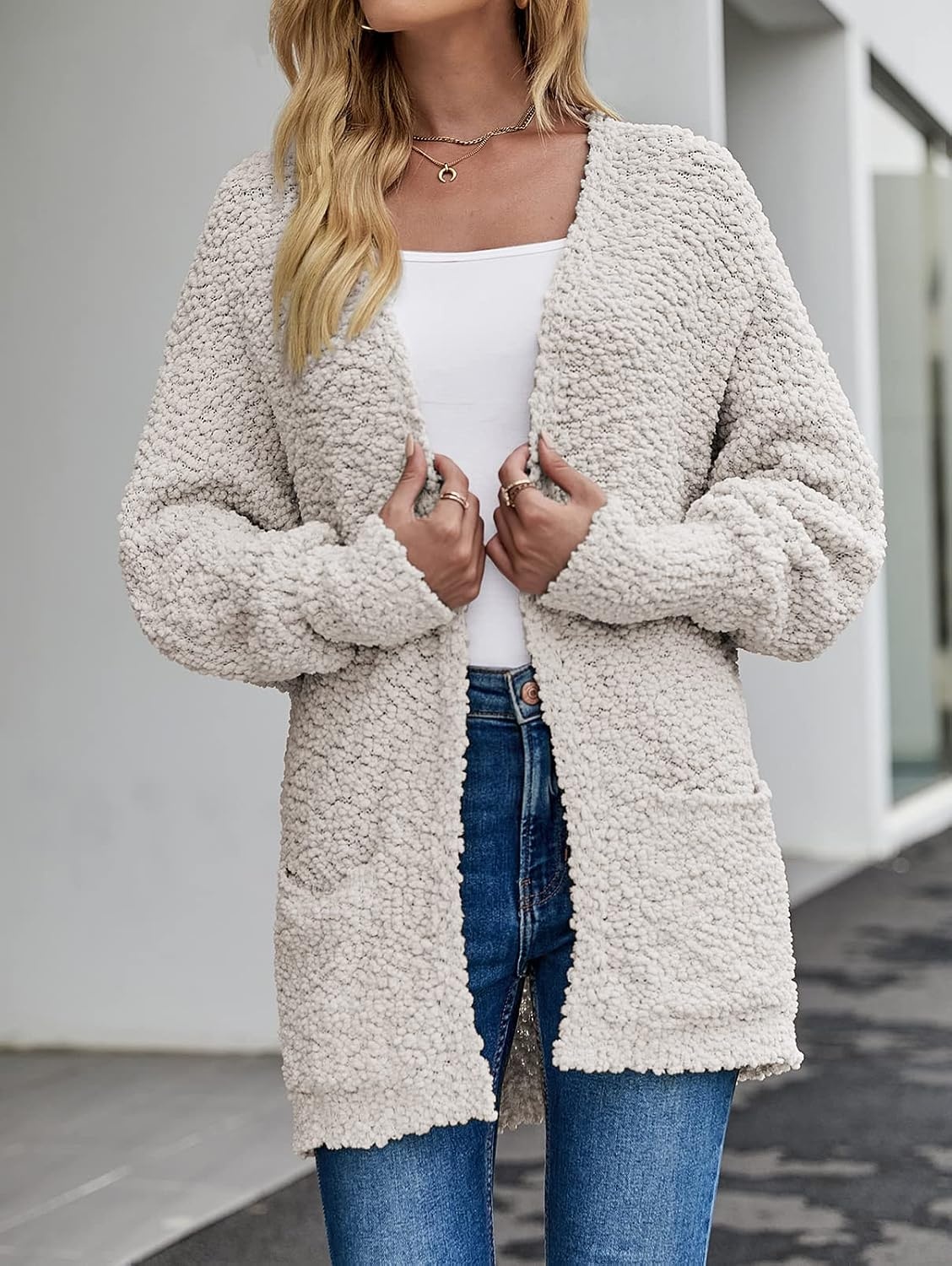image:imageMEROKEETY Womens Fuzzy Popcorn Oversized Sherpa Chenille Cardigan SweatersOffwhite