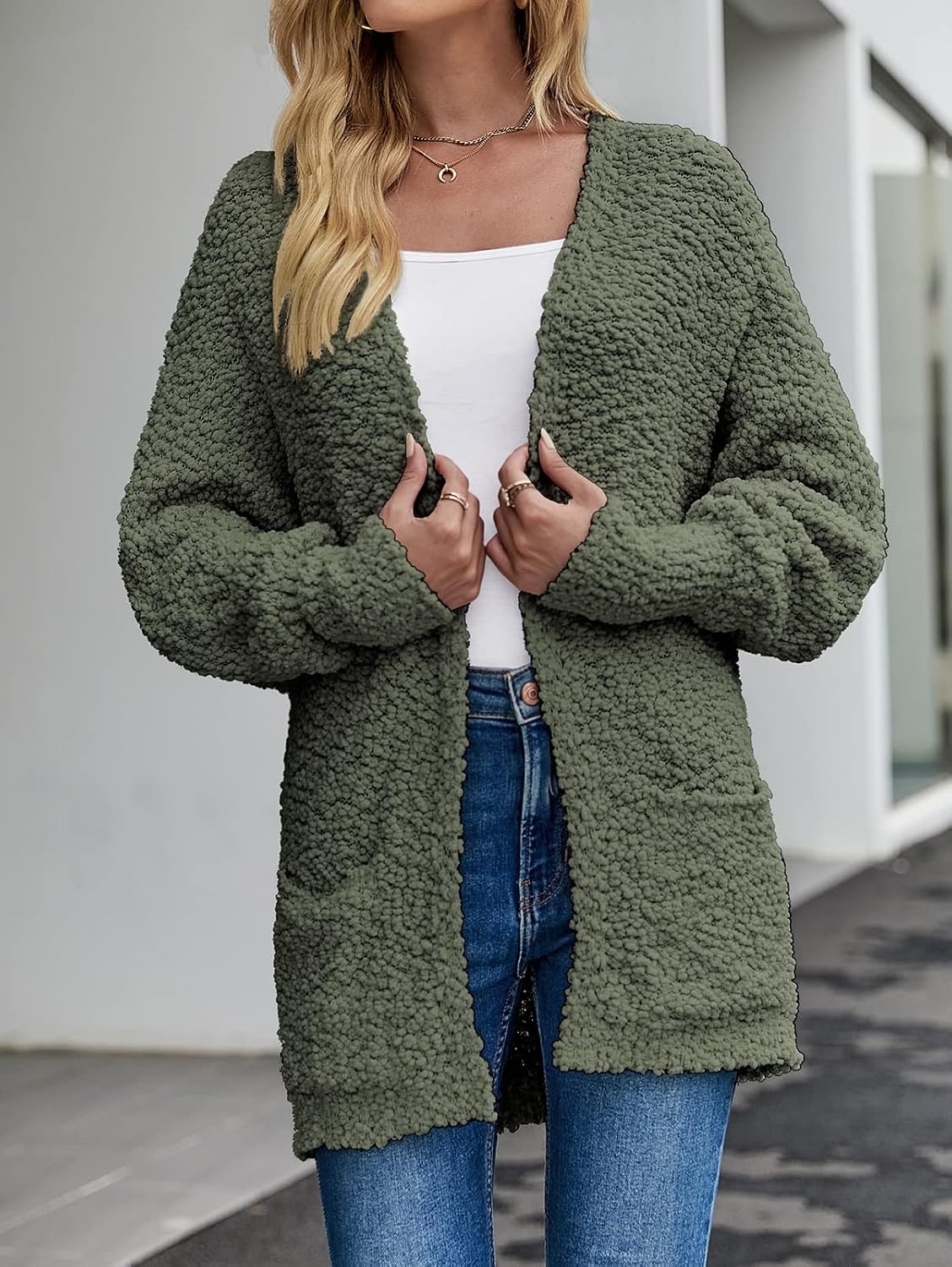 image:imageMEROKEETY Womens Fuzzy Popcorn Oversized Sherpa Chenille Cardigan SweatersOlive
