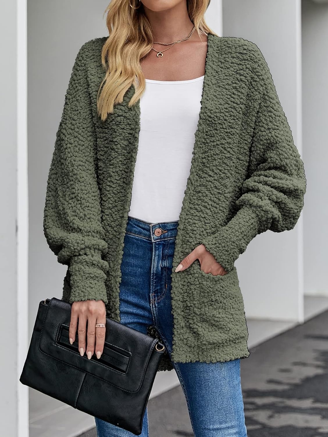 image:imageMEROKEETY Womens Fuzzy Popcorn Oversized Sherpa Chenille Cardigan SweatersOlive
