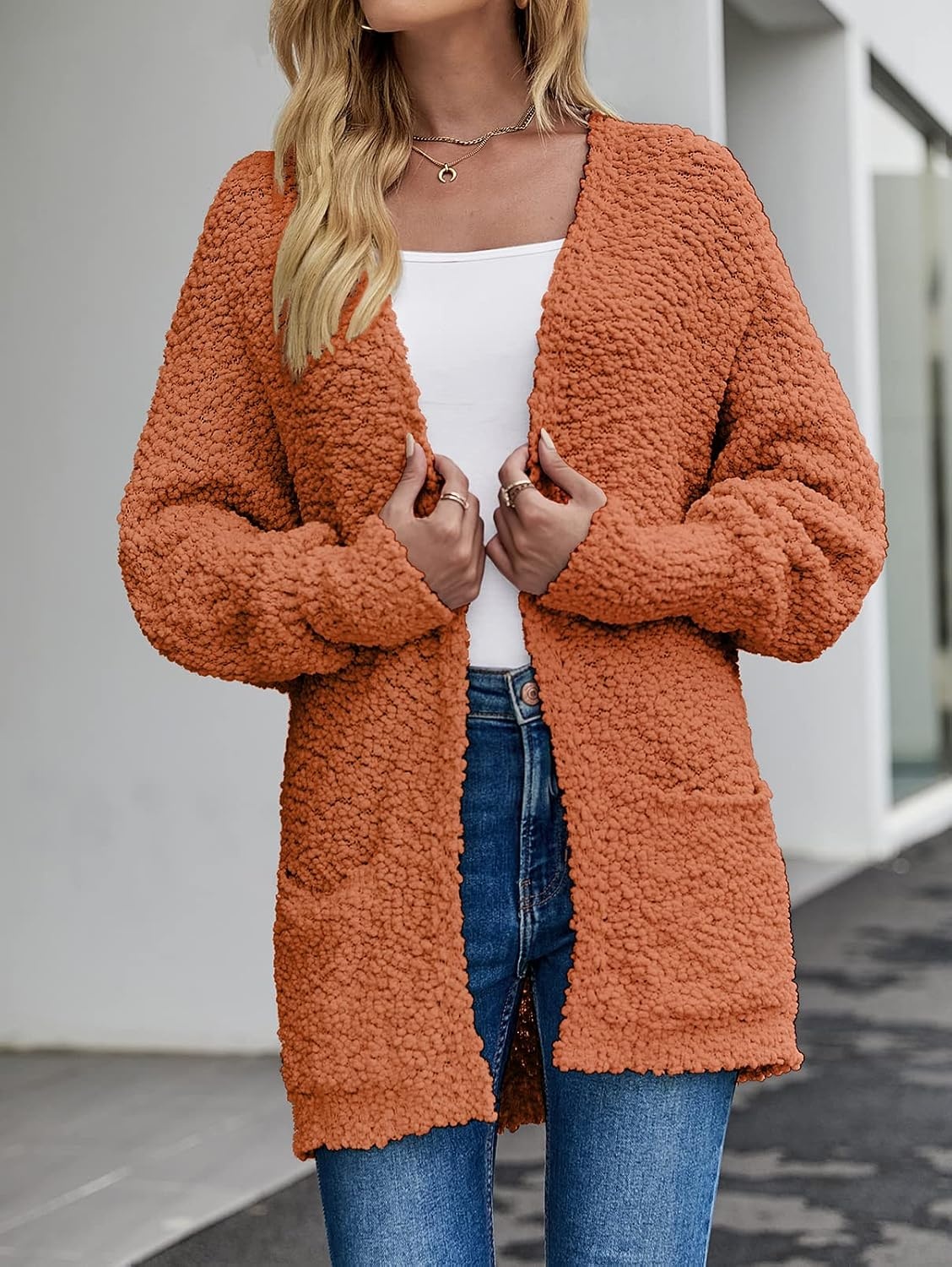 image:imageMEROKEETY Womens Fuzzy Popcorn Oversized Sherpa Chenille Cardigan SweatersOrange