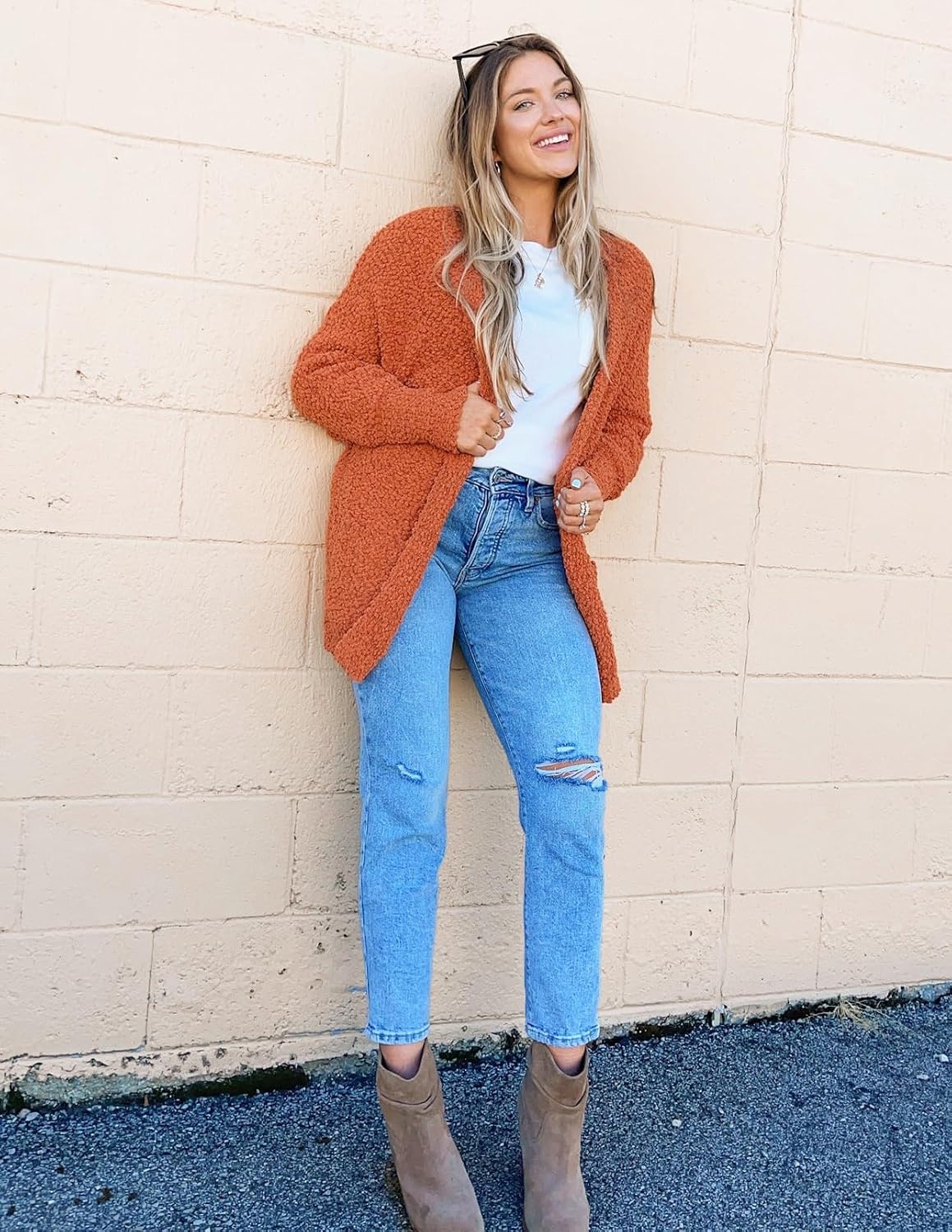 image:imageMEROKEETY Womens Fuzzy Popcorn Oversized Sherpa Chenille Cardigan SweatersOrange