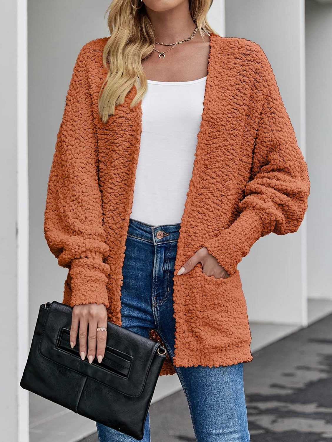 image:imageMEROKEETY Womens Fuzzy Popcorn Oversized Sherpa Chenille Cardigan SweatersOrange