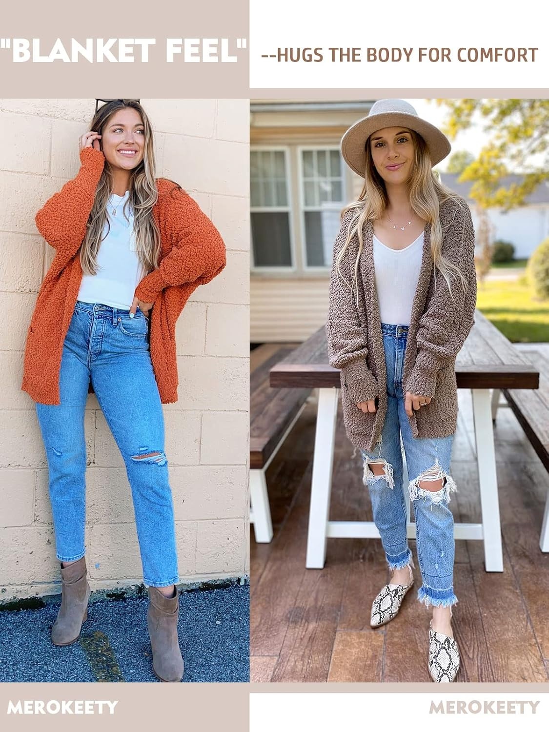 image:imageMEROKEETY Womens Fuzzy Popcorn Oversized Sherpa Chenille Cardigan SweatersOrange