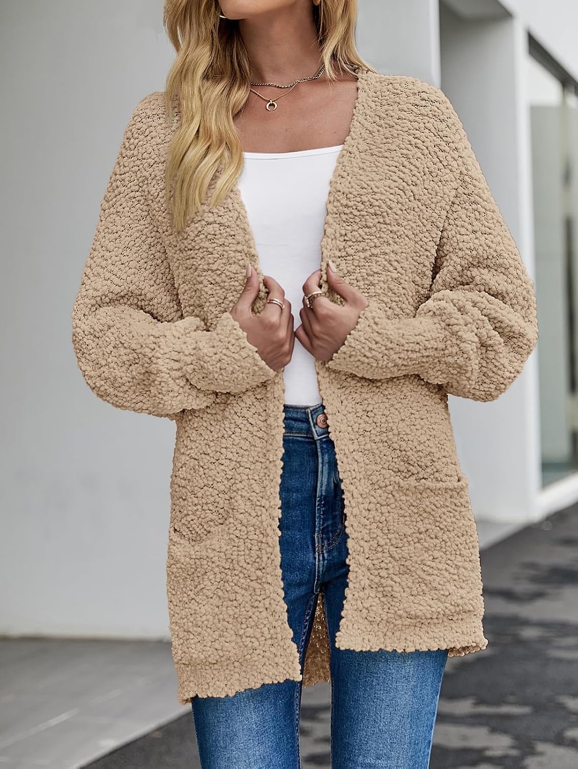 image:imageMEROKEETY Womens Fuzzy Popcorn Oversized Sherpa Chenille Cardigan SweatersSand